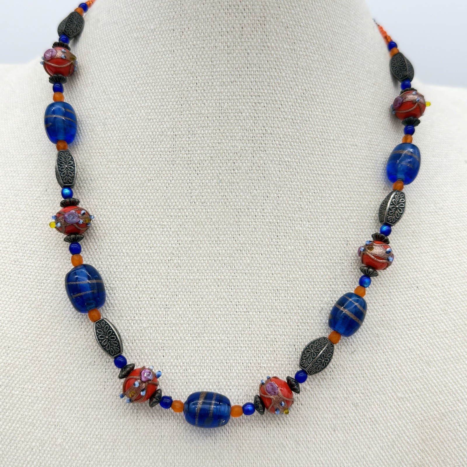 Vintage Wedding Cake Bead Necklace Lamp work Red Orange Cobalt Blue Glass