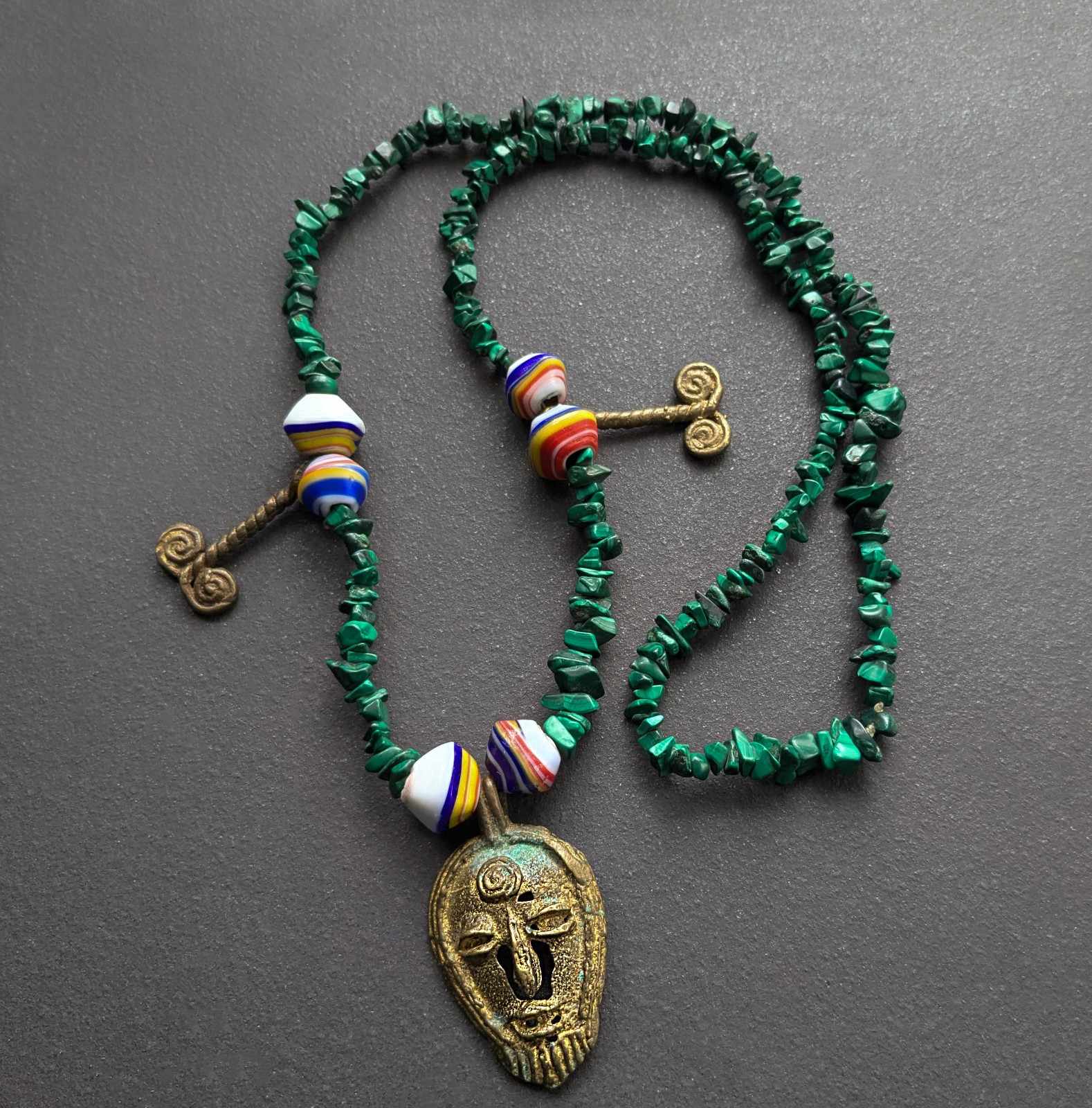 Vintage African Malachite Beaded Necklace Brass Mask Pendant Gift for Men