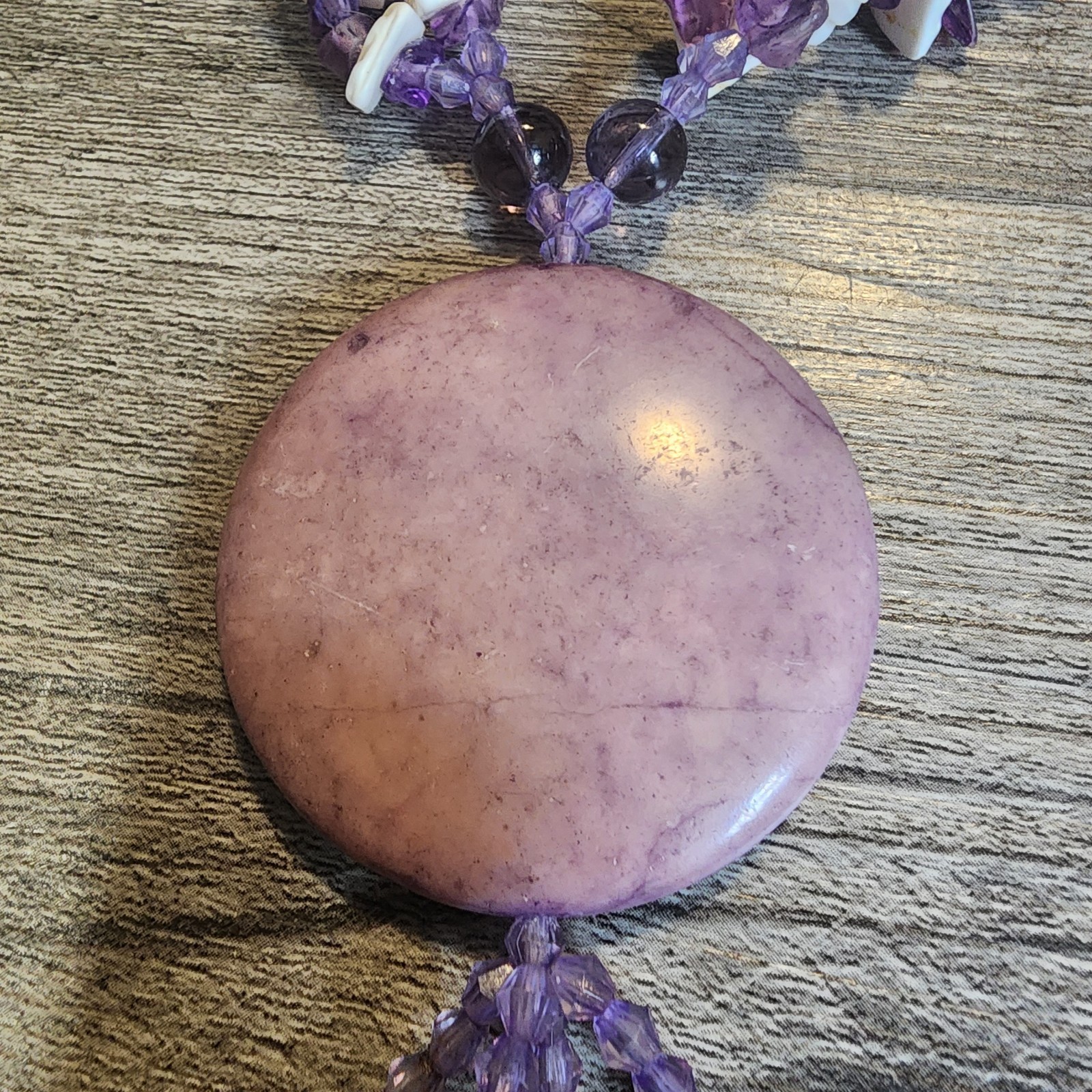 Vintage Necklace Purple Stone Seashell Rock Crystal Quartz Bead Tassel 20″ Shell
