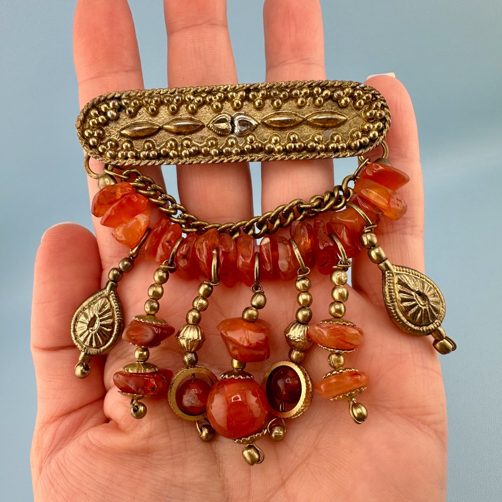 Vintage Bar Brooch Gold Tone Dangle Chains Carnelian Stone Beads Boho India