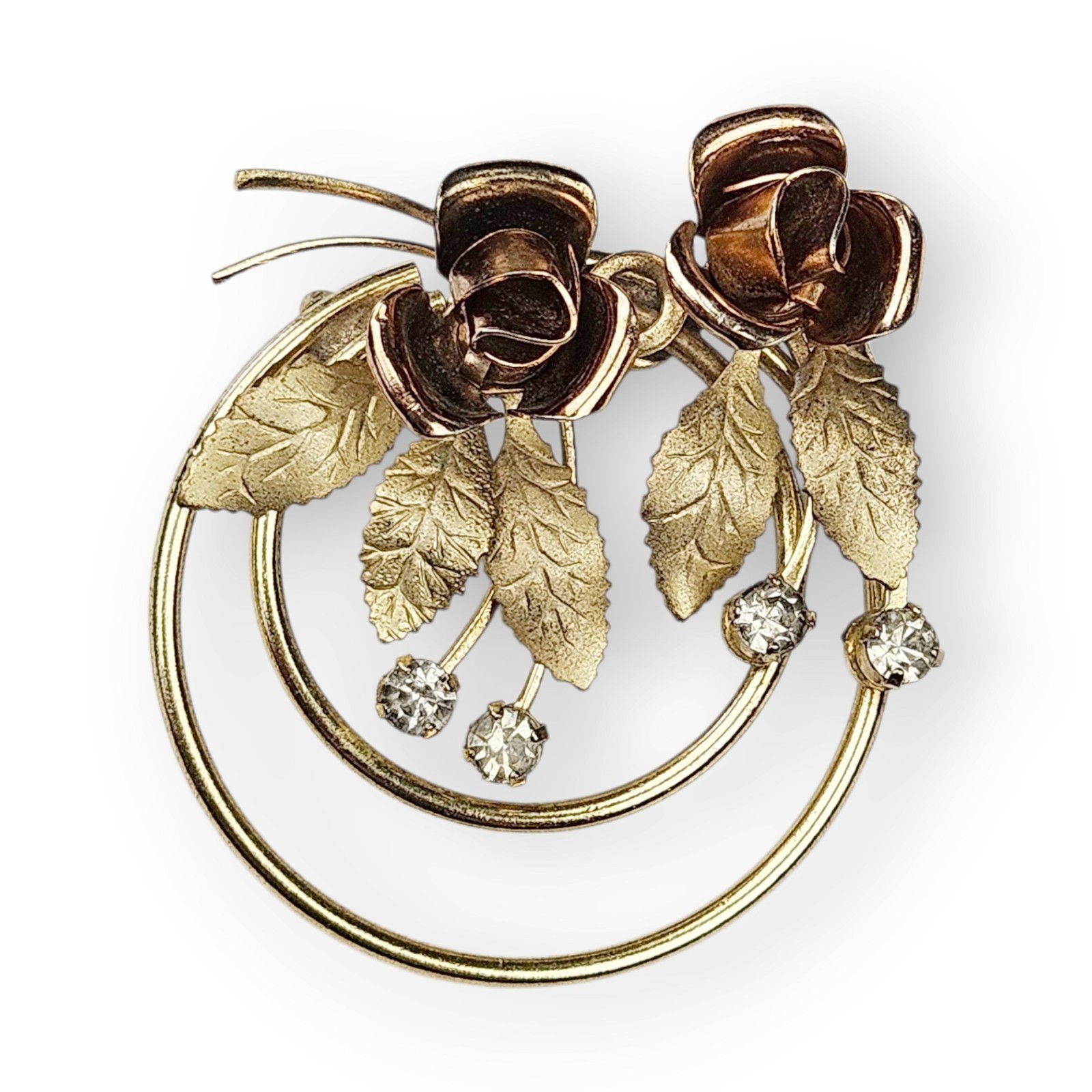 Vintage Double Rose Brooch Two Tone Brushed Gold Plated Rhinestone Floral Spray