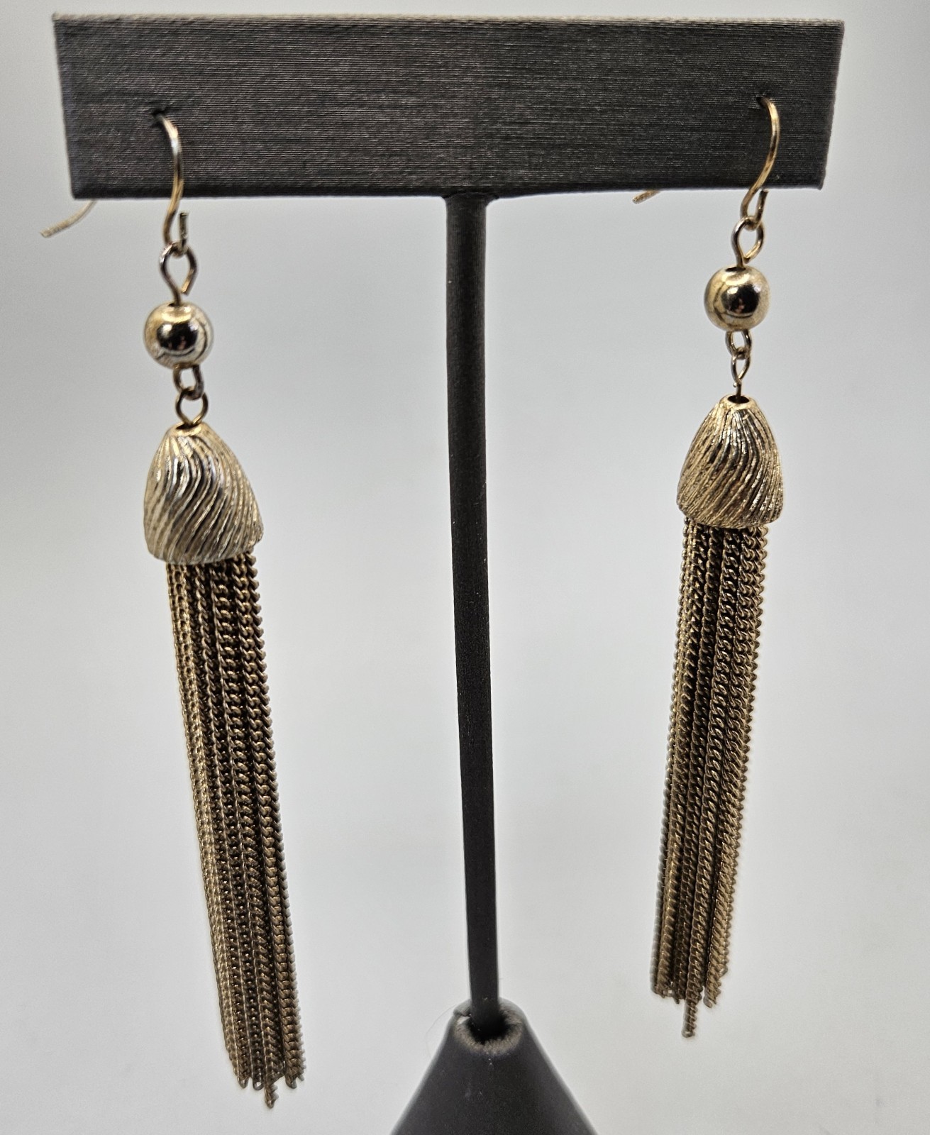 Vintage Tassel Earrings Gold Tone Hook Chain Dangle Runway Statement Long 3.5″