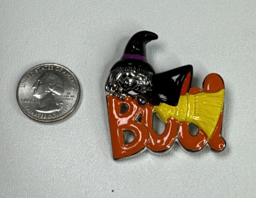 Vintage Pin Halloween Witch On Broom “Boo” Enamel Brooch Pendant Signed Best