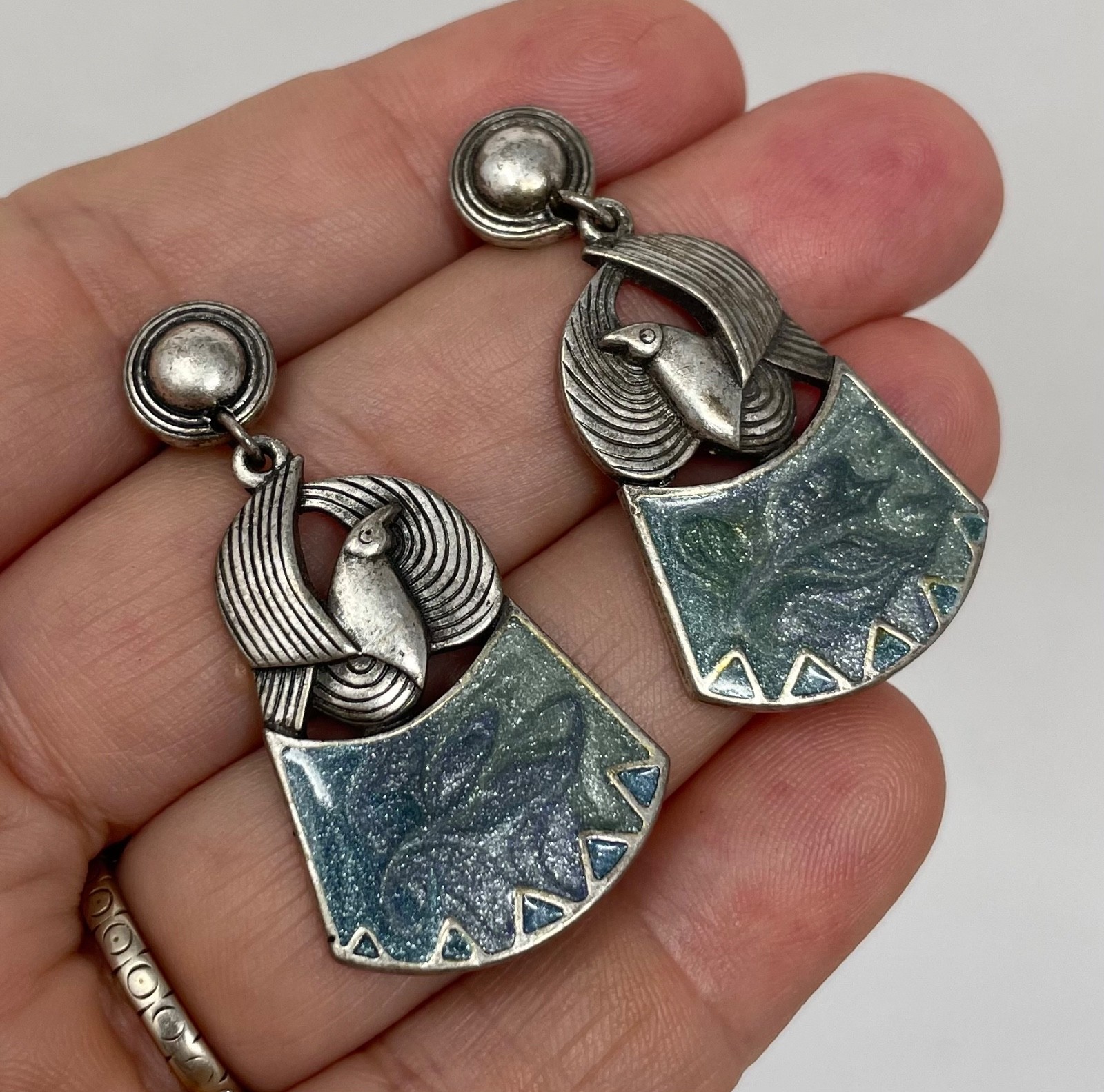 Vintage Edgar Berebi Blue Enamel Bird Dove Silver Tone Dangle Pierced Earrings