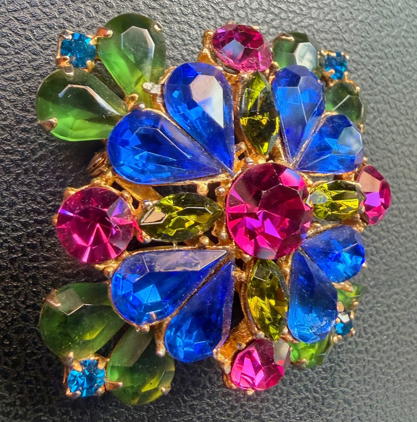 Vibrant Vintage Signed Edlee Rhinestone Maltese Cross Brooch Blue Pink Green