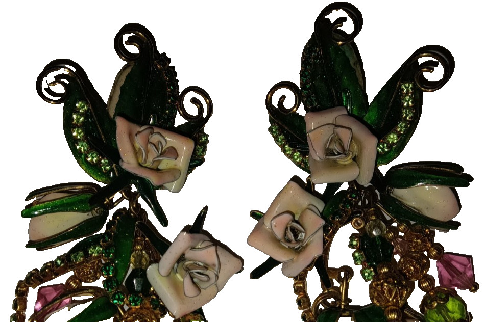 4″ Vtg 1980s Lunch at Ritz Enamel Rose Flower Rhinestone Clip On Dangle Earrings