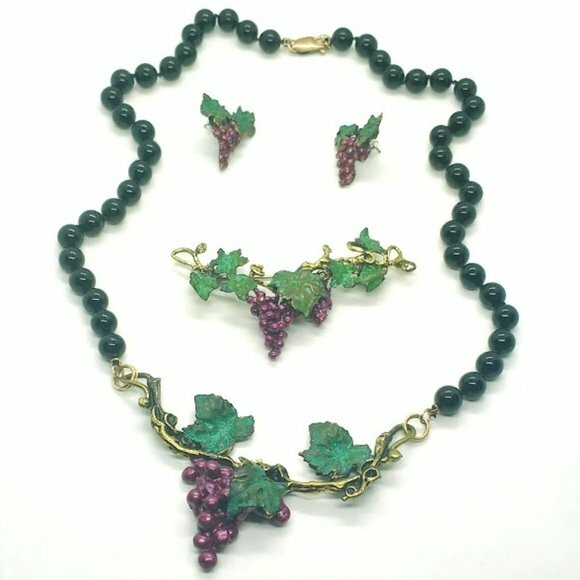 Richard Kaish Purple Green Bronze Wine Grape Vine Necklace Brooch Earrings Set
