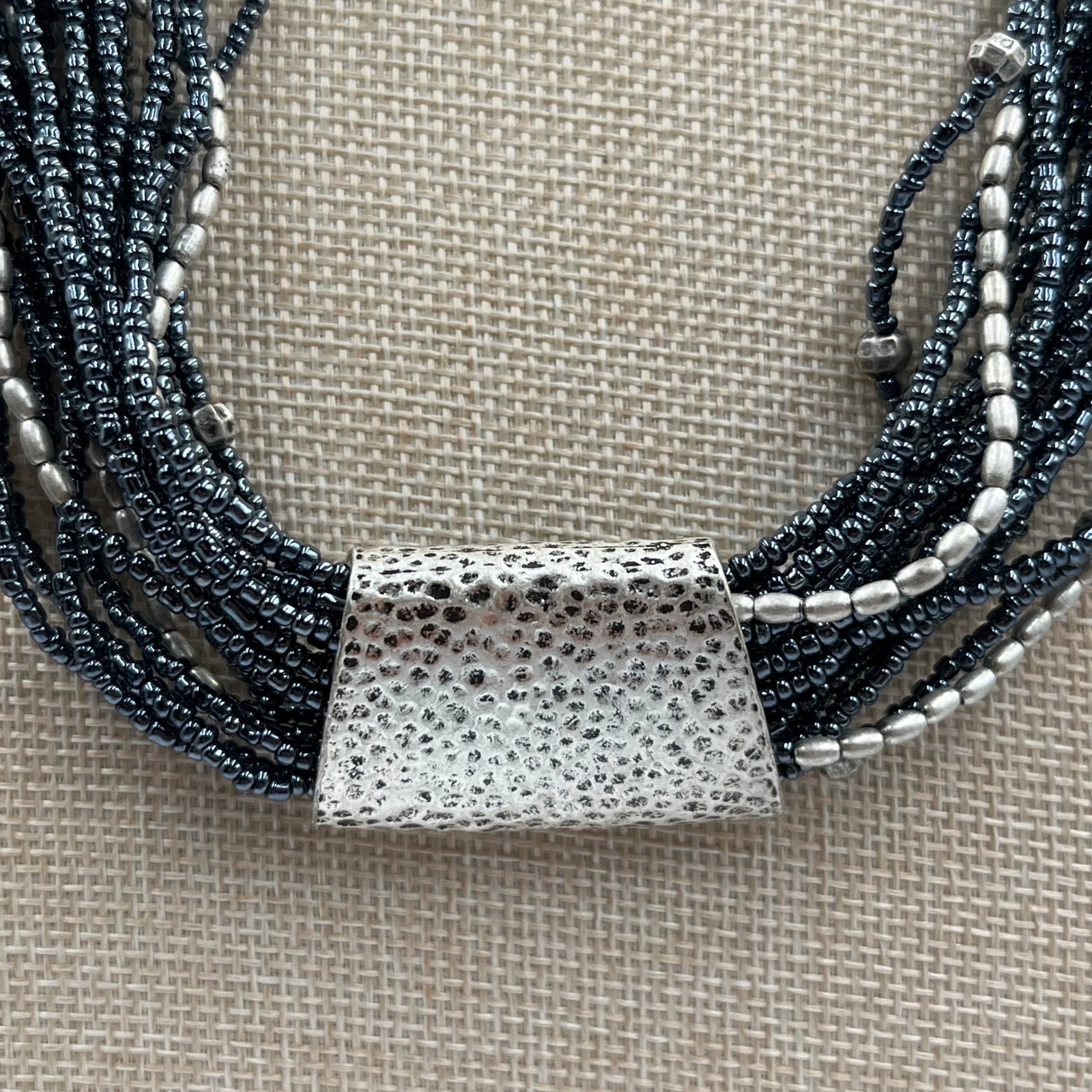 Coldwater Creek Multi-Strand Seed Bead Necklace Silver Tone Hammer Slide Accent