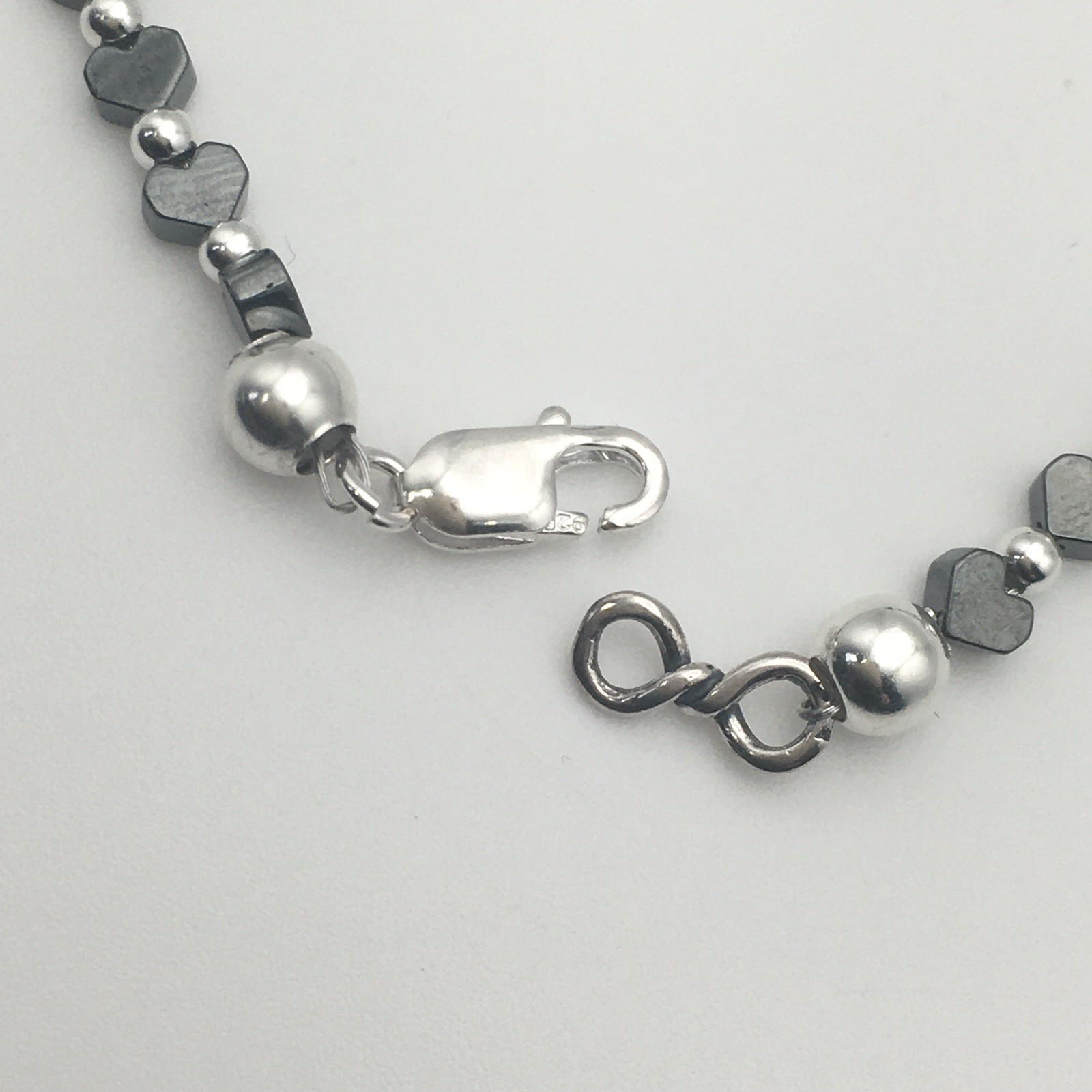 Sterling Silver & Hematite Heart Bracelet 7.75” Marked 925 4.5g #39