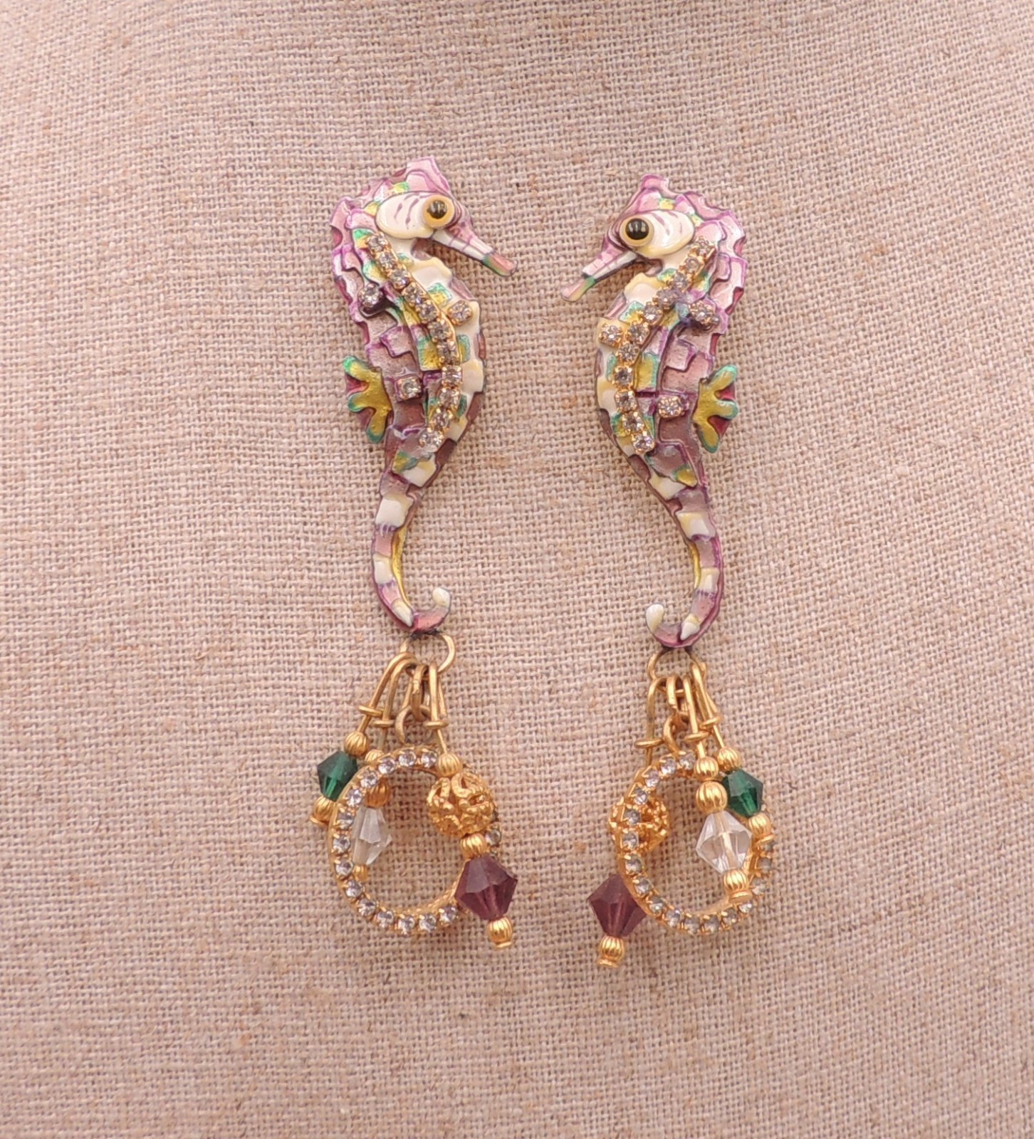 Lunch At The Ritz Seahorse Earrings Dangle Drop Pierced Vintage 90’s Jeweled