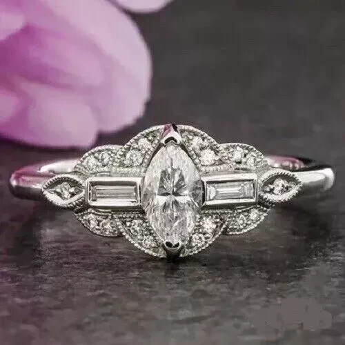 3Ct Art Deco Vintage Style Lab-Created Diamond Wedding 14K White Gold FN Ring