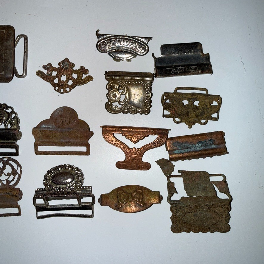 19pc Antique Victorian Gents Suspender Buckle Lot Brass Nickel Filigree 1892 Pat