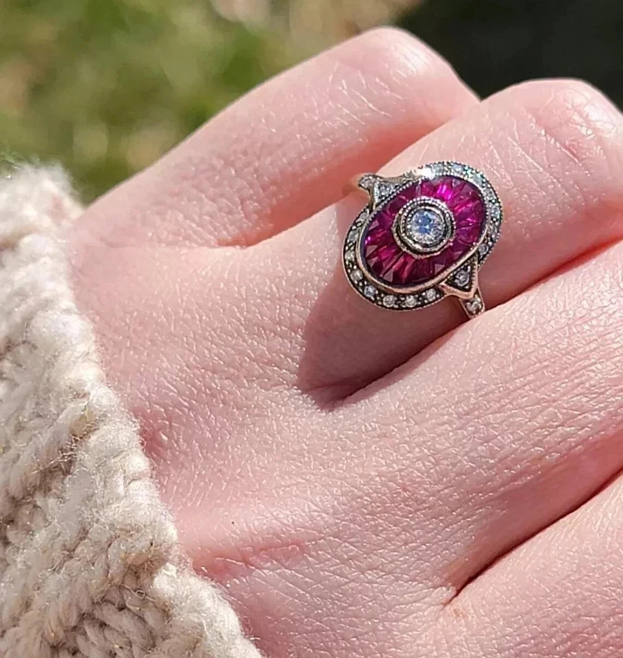 Art Deco Style Lab Created Diamond & Ruby Anniversary 14K White Gold Finish Ring