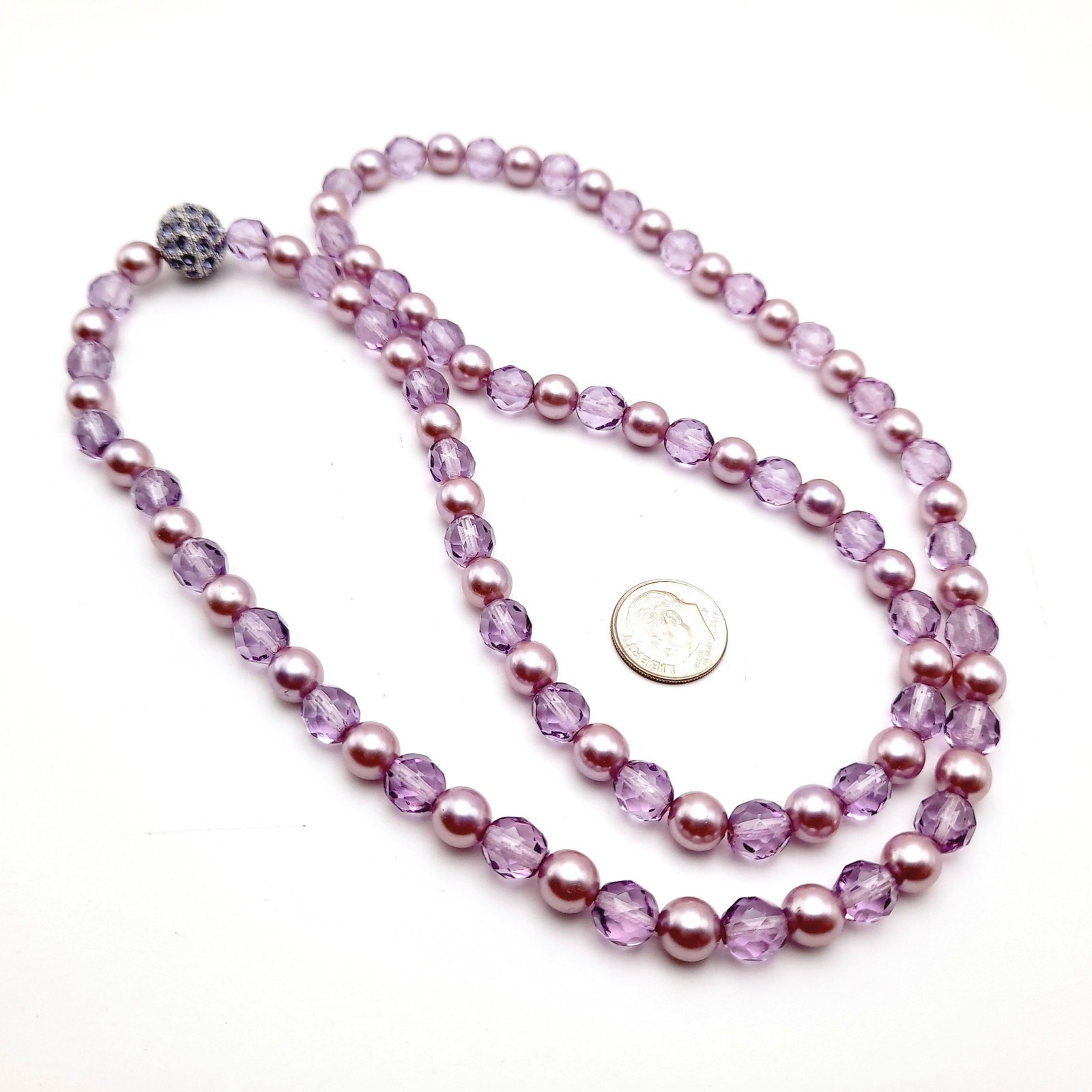 Vintage Joan Rivers Lavender Glass Pearls Crystal Beaded Necklace, Screw Clasp