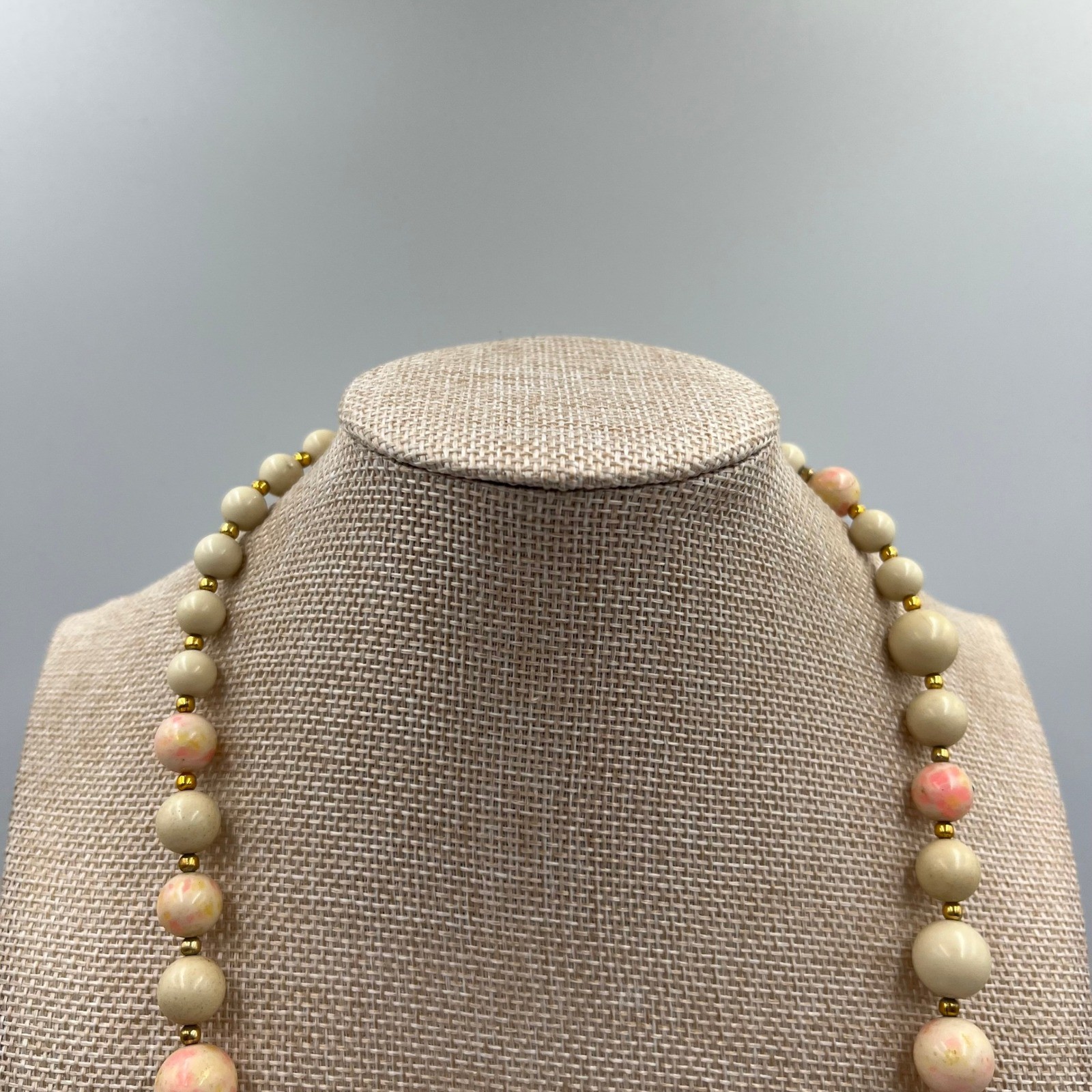 Vintage Pink Splatter Cream Beaded Necklace Aurora Borealis Crystal Accent 24″
