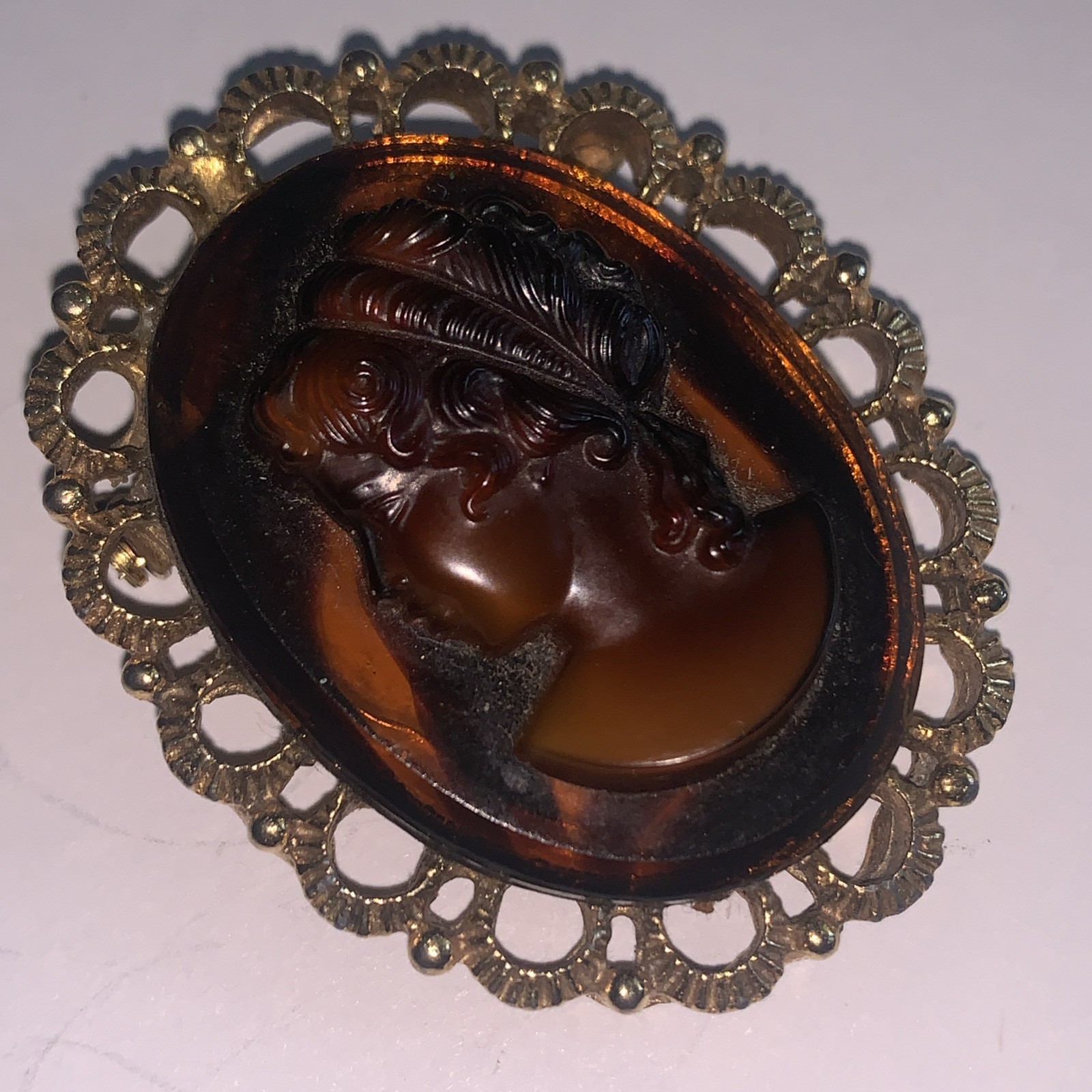 Brown Cameo Oval Framed Vintage Brooch Pendant Necklace