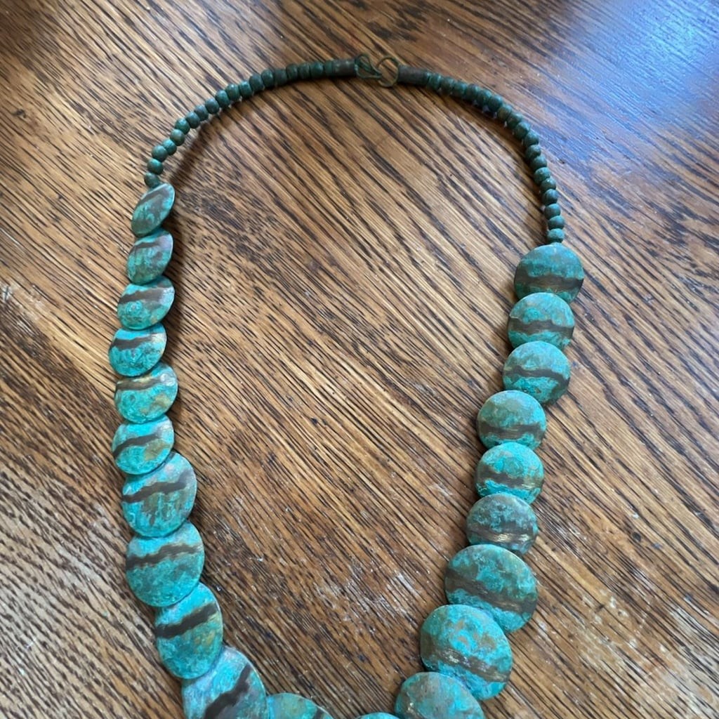 Vintage Oxidized Copper Disc Beaded Statement Necklace