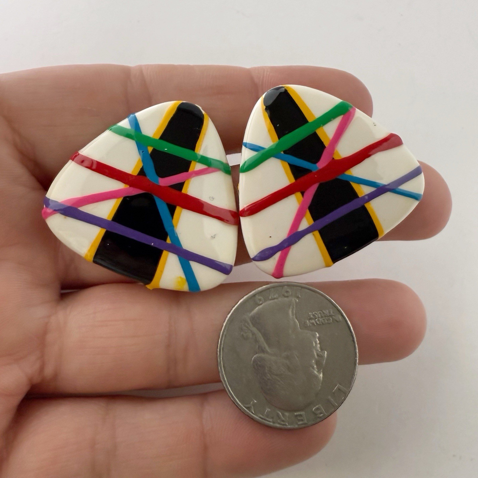 Vintage Multicolor Painted Funky Triangle Guitar Pick Plastic Post Earrings