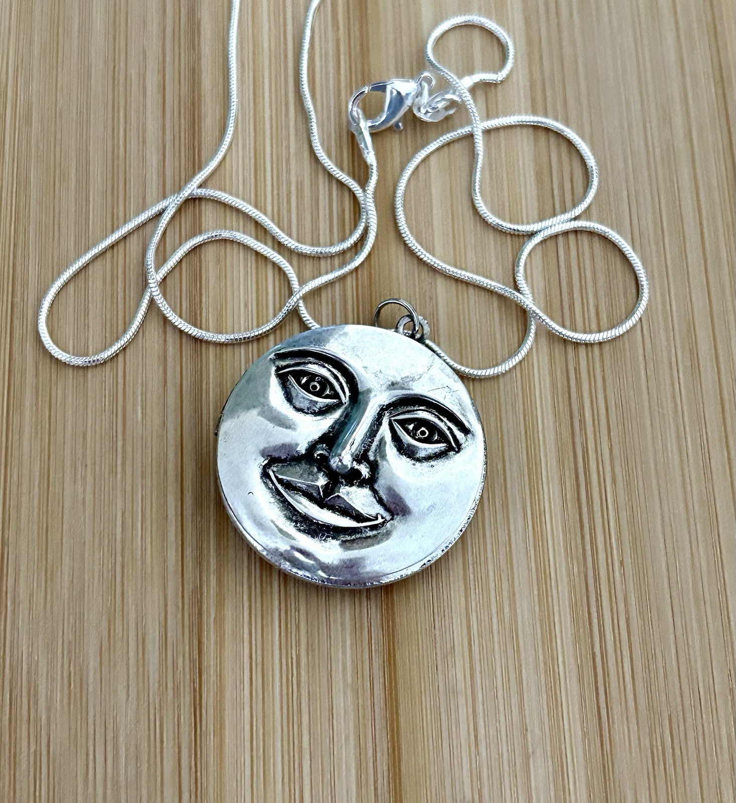 Full Moon Face Locket Necklace Sterling Silver Chain Secret Pillbox Vtg Pendant