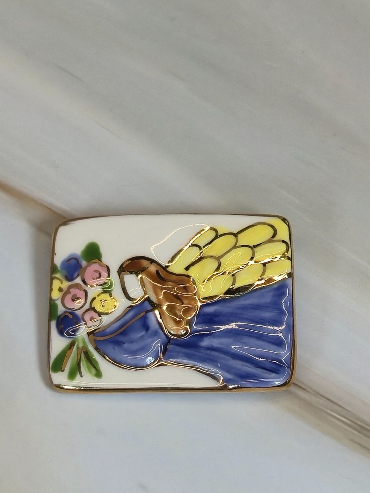 Ceramic Brooch Angel Hand-painted Watercolor Gold Gild Floral Vintage Jewelry…