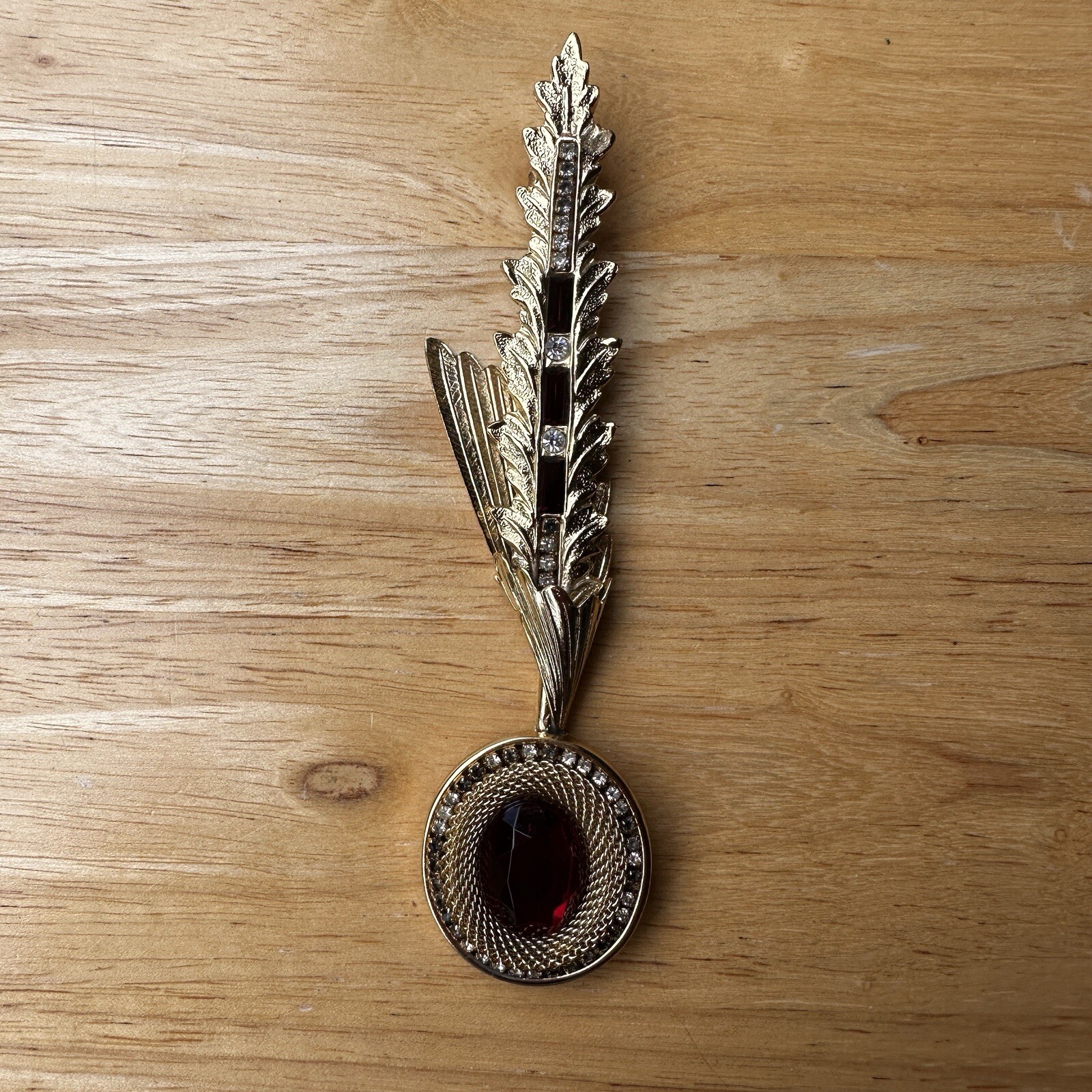 VTG Whiting Davis Feather Brooch Pin 5 Inch Red Glass Rhinestone Gold Plate Rare