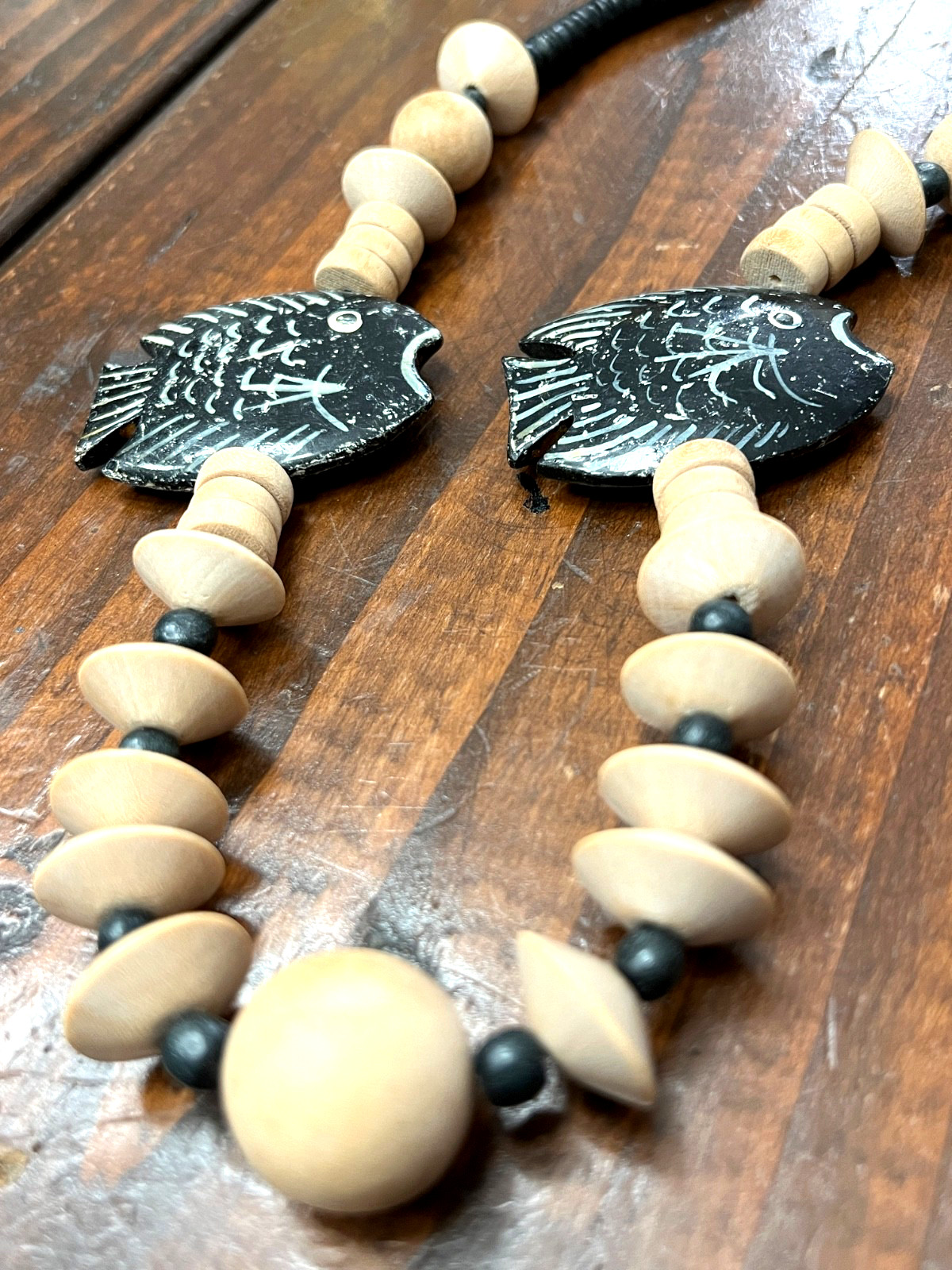 Vintage Hand Painted Fish Wood Bead Necklace Coastal Folk Art Statement 80s