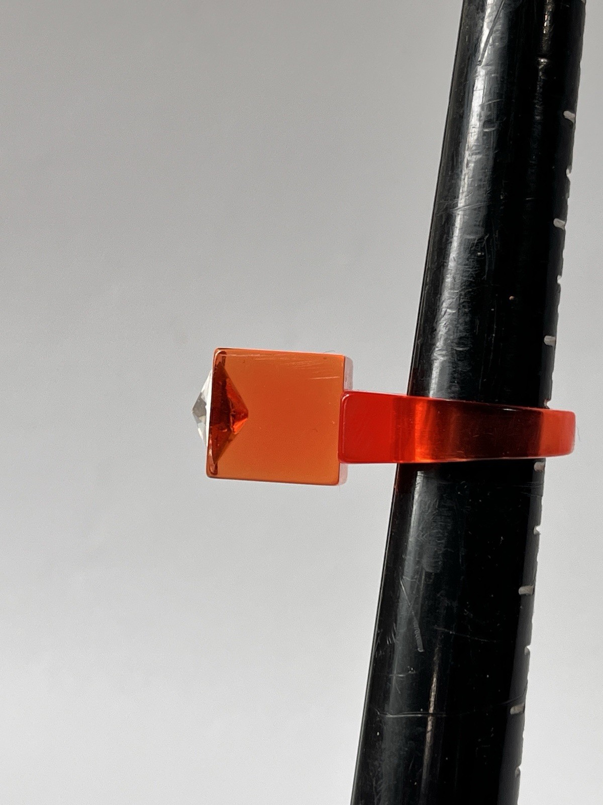 Vintage Lucite Ring Size 7.75 Orange Cubism Rhinestone Modern Chunky Statement