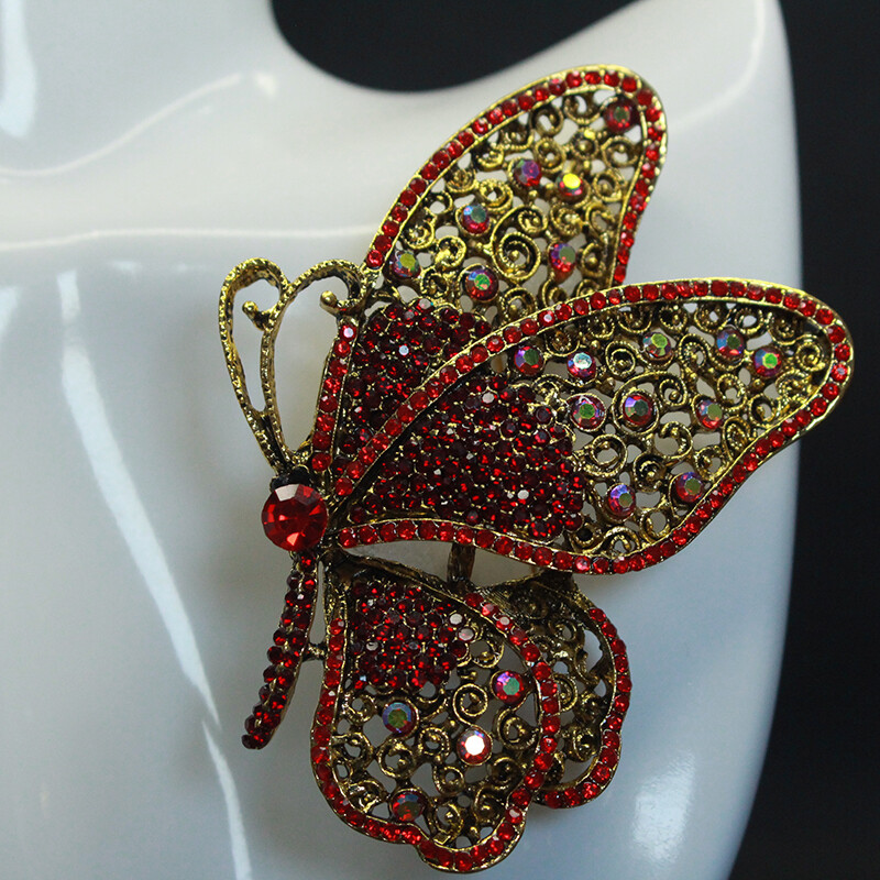 Vintage Large Size Red Butterfly Zircon Alloy Corsage Brooch Collar Pin