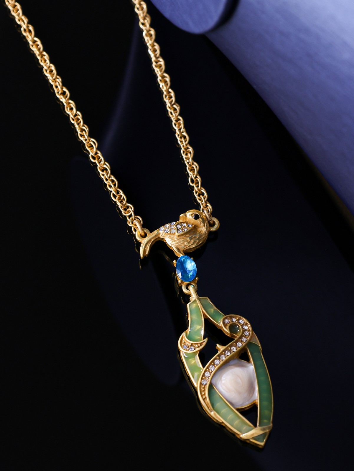 Vintage Victorian Bird Set Necklace Earrings Gold Rhinestone Jewelry Gift