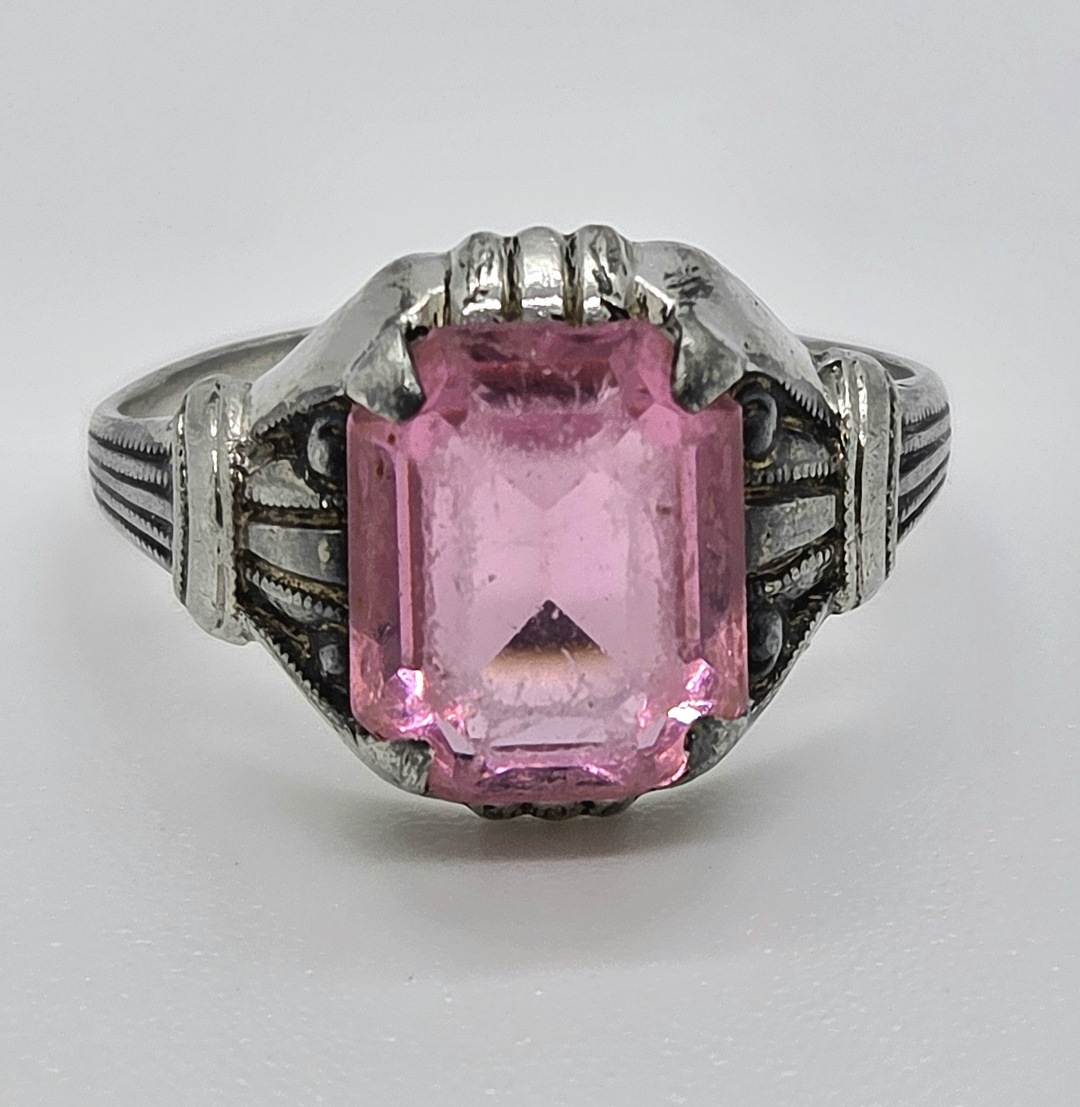 Vintage Ostby & Barton OB Art Deco Ring 925 Sterling Silver Pink Glass Size 6.75