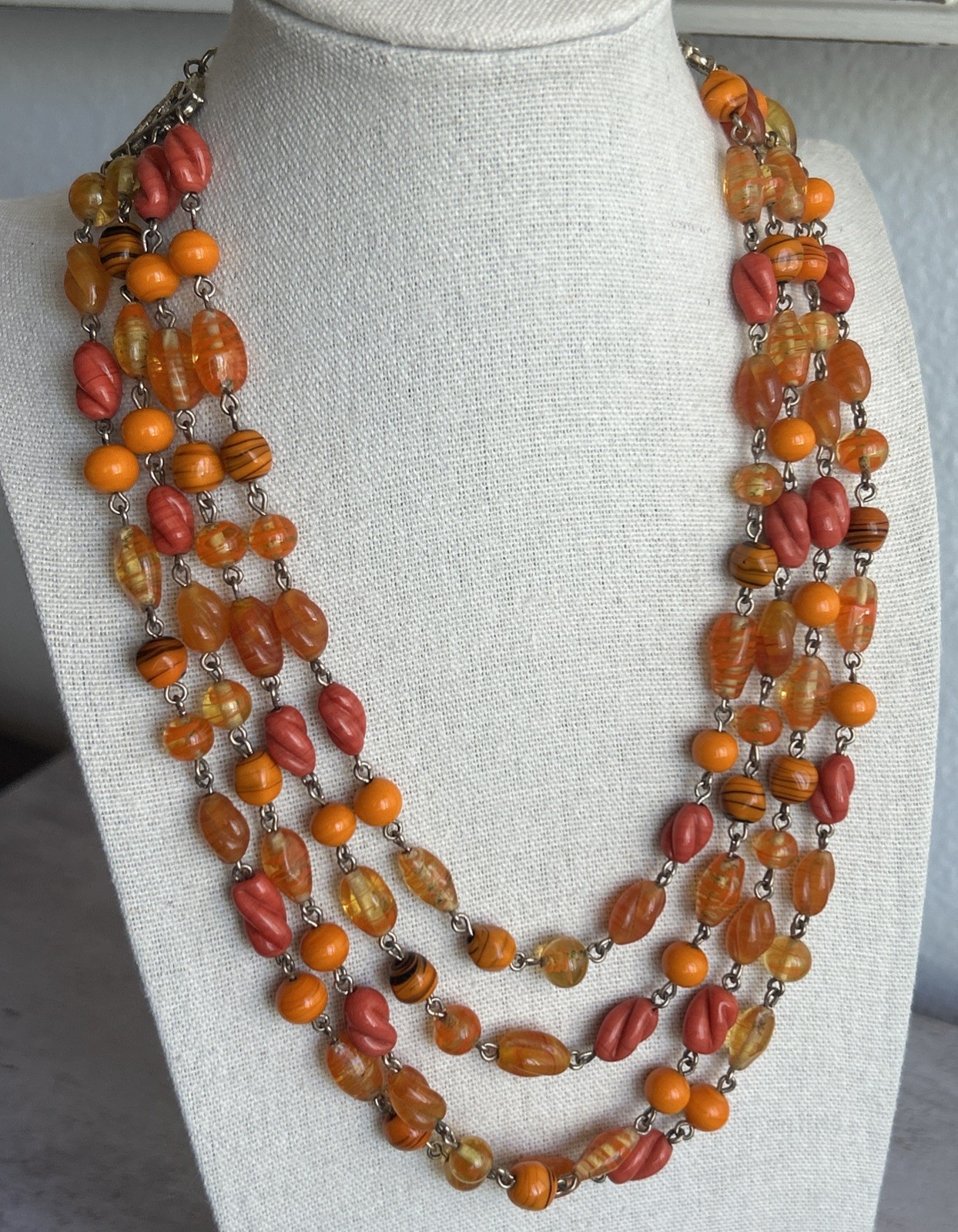 Multi Strand Glass Bead Necklace Orange Yellow Coral Vintage Statement Jewelry
