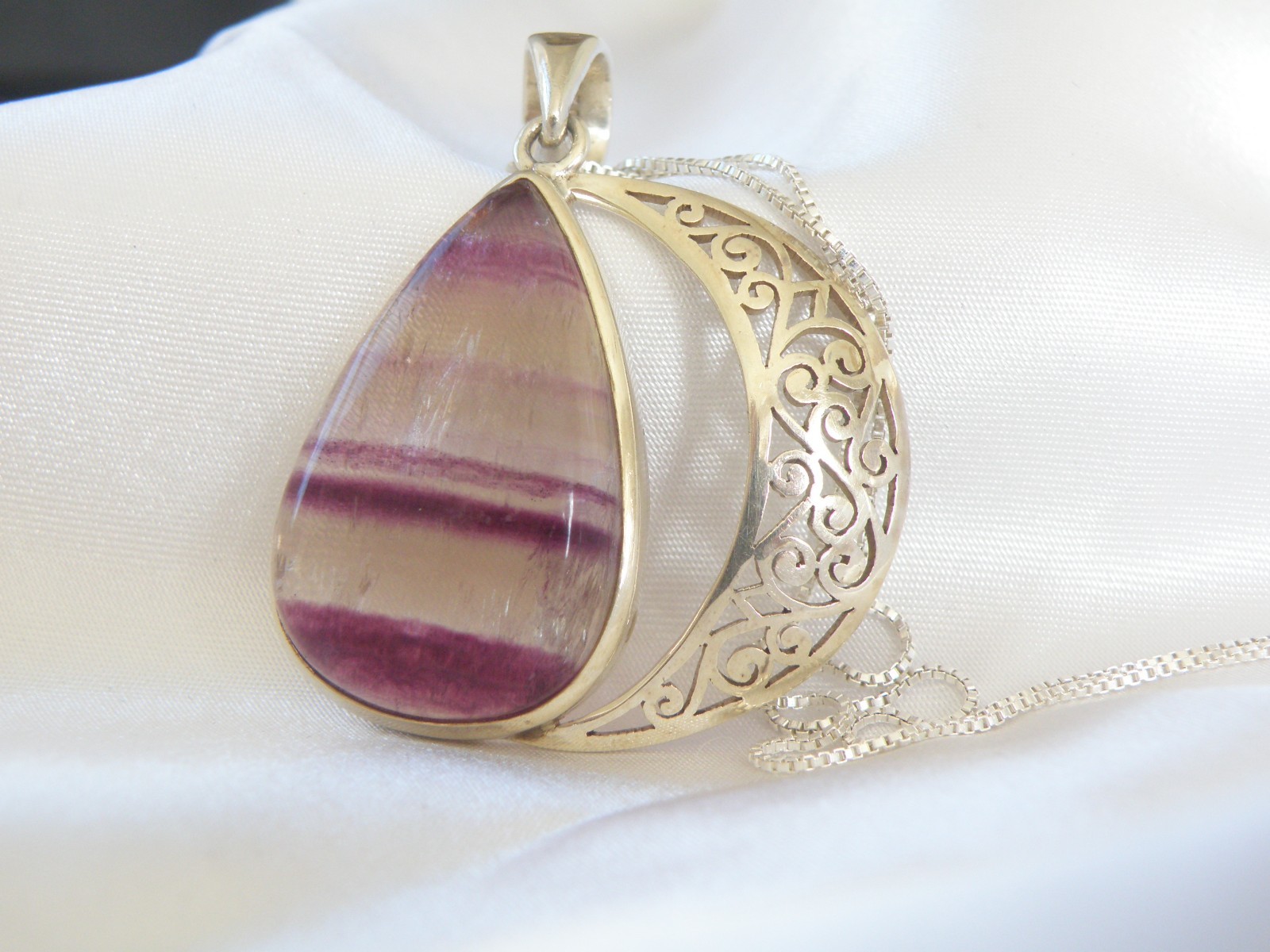 Large Sterling Silver 925 Fluorite Crescent Moon Pendant Necklace