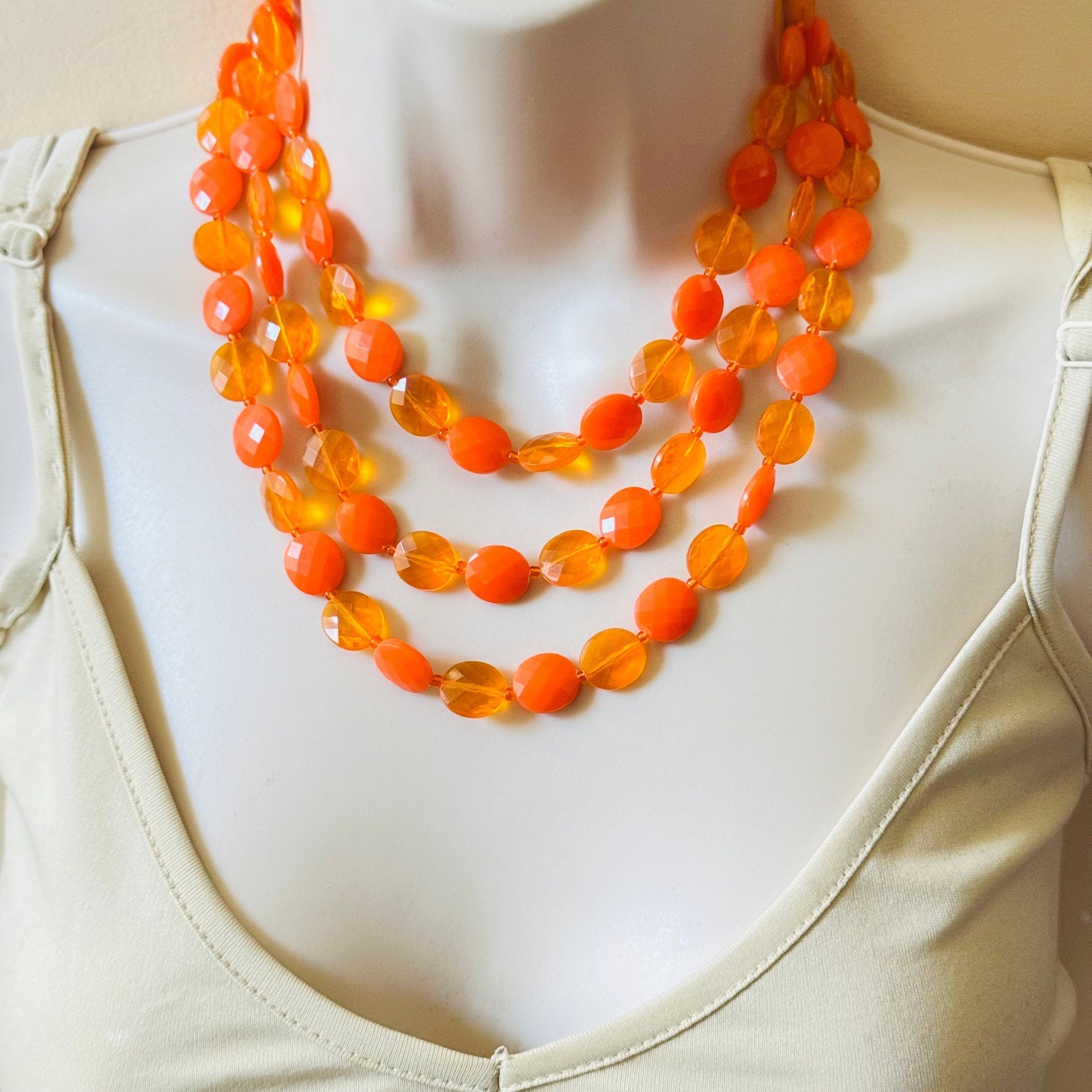 VTG Orange Lucite Beads Multi BIb Necklace Hong Kong Triple Strand Statement 50s