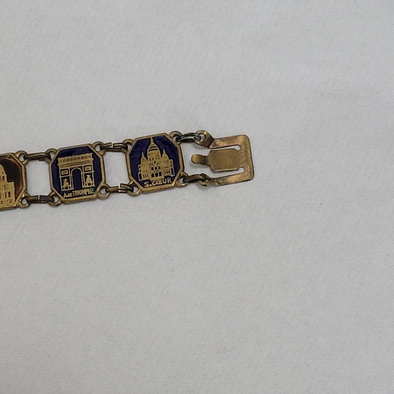 Paris France Souvenir Monuments Etched Enamel Link Brass Clasp Vintage Bracelet