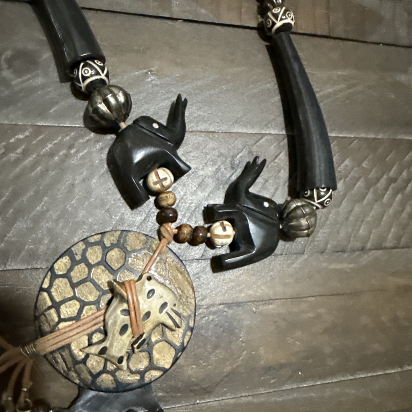 Vintage African Safari Animal Statement Necklace Boho Tribal Wood Jewelry India