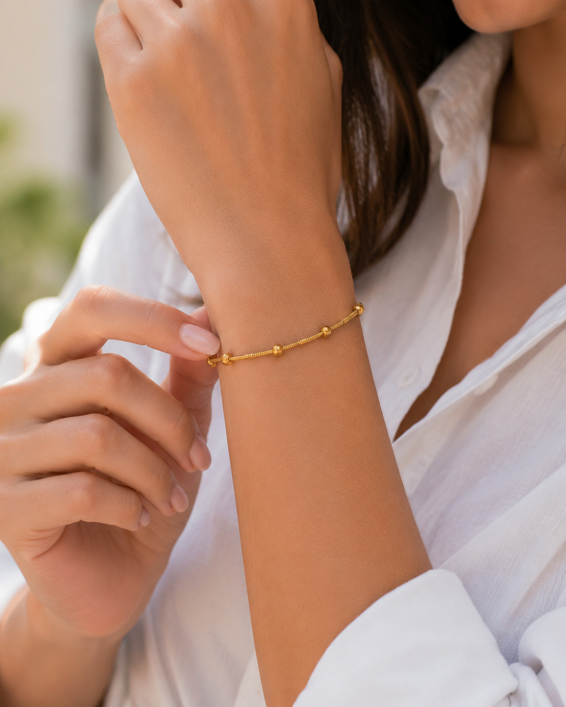 Women Gold Tone Snake Chain Bracelet with Ball Beads Stainless Steel Adjustable