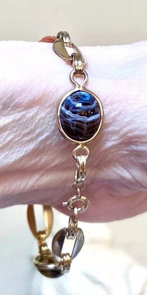 LOVELY Vintage Gold-Filled Agate, Unakite, Etc. Egyptian Scarab Bracelet