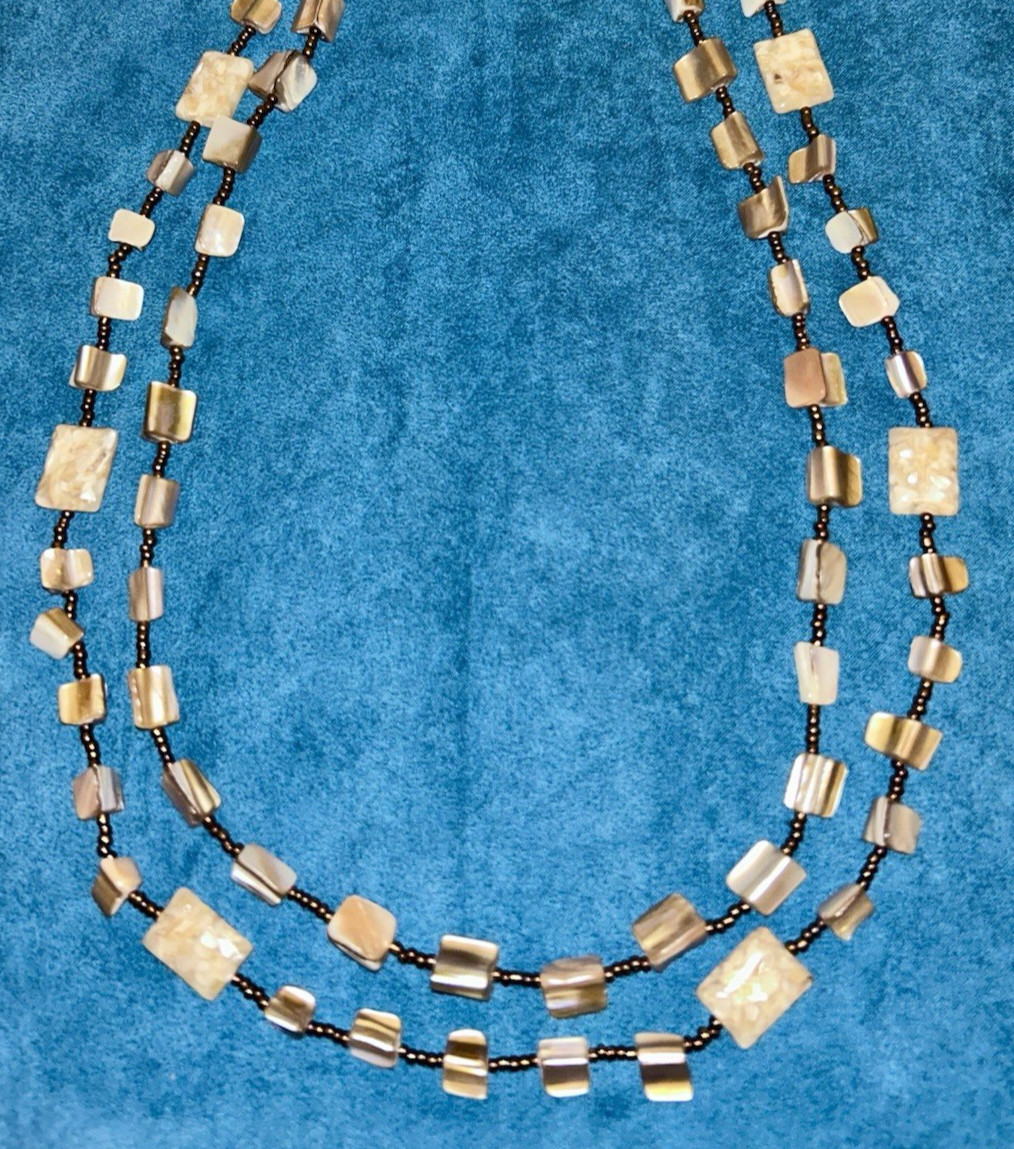 Artisan Natural Long Mother of Pearl Shell Beaded Double Strand Necklace 34″