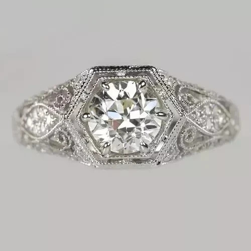 Art Deco Vintage Style Round Lab Created Diamond Engagement Ring 14K Gold Finish