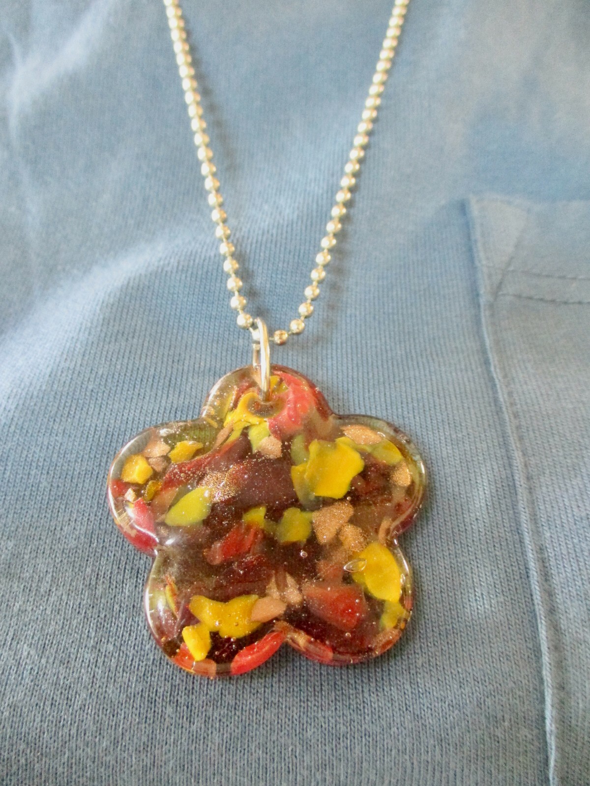 Vintage-Bead Ball Chain W/Glass Flower Slide AMBER Colors Necklace