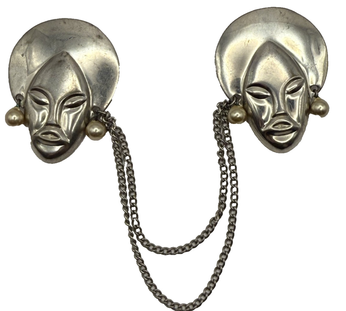 Silver Tone African Sweater Double Pin – Faux Pearl Accents – Retro Jewelry