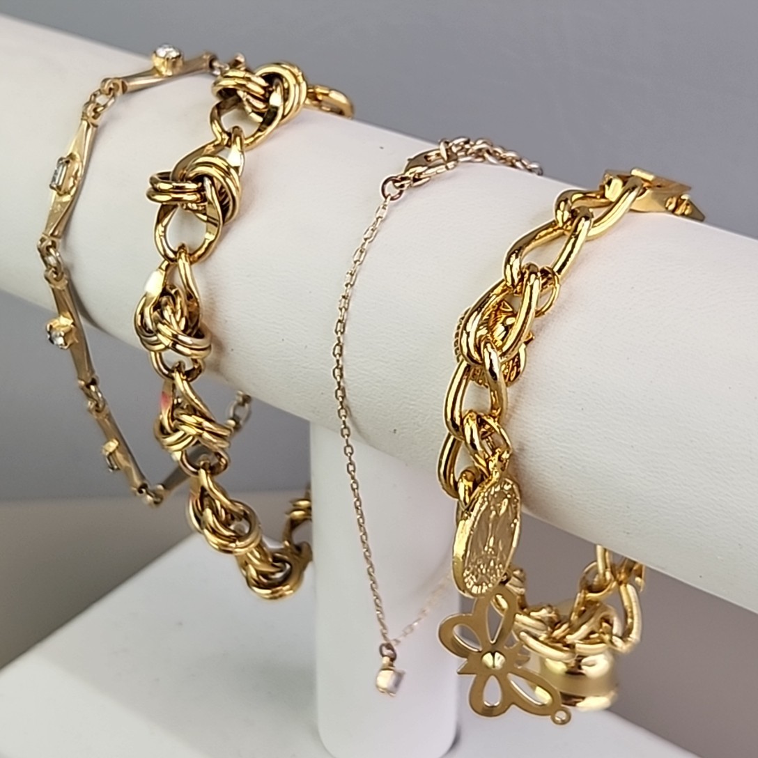 Chain Bracelet Lot of 4 Charm Rhinestone Gold Tone 6.75″