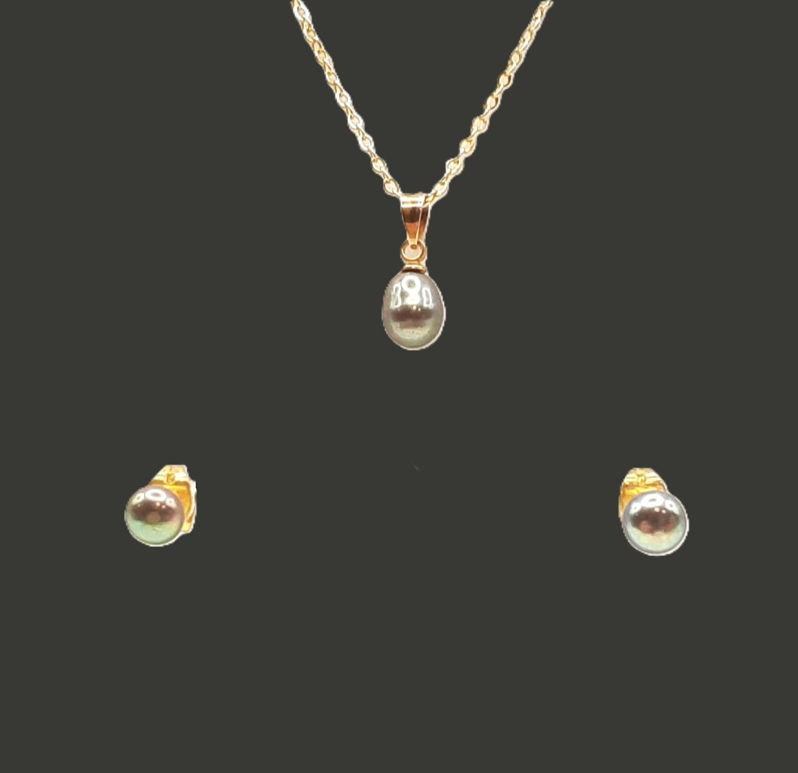 Vntg Faux Black Pearl Necklace & Post Earring Set 80’s, 18KGP, gift for her