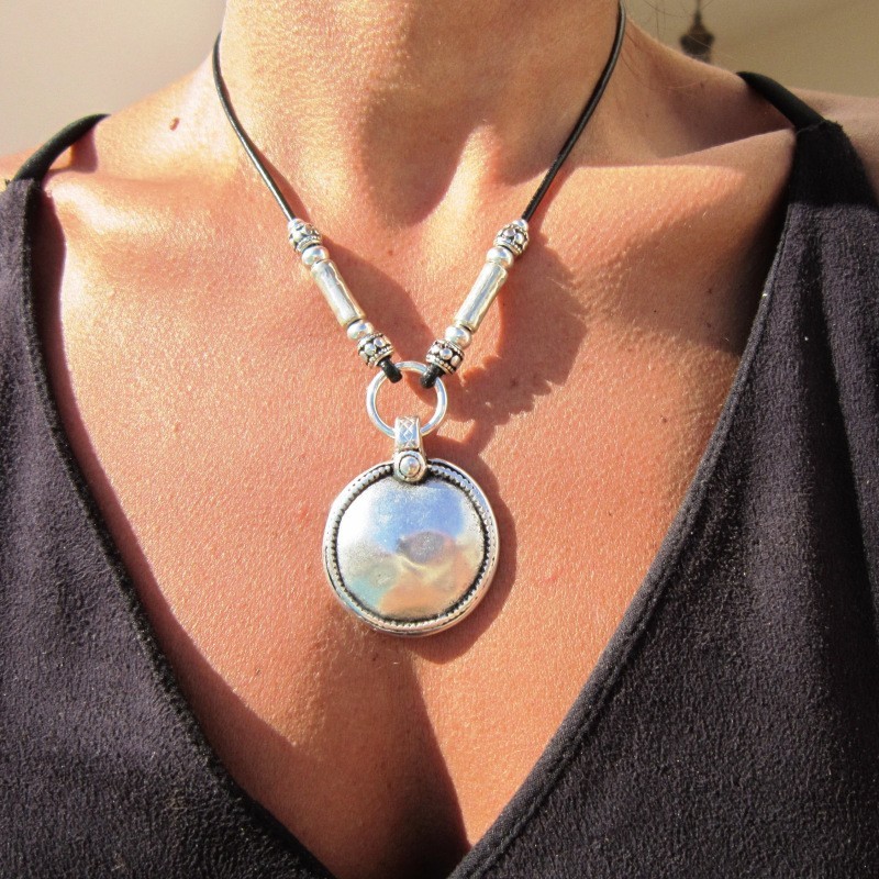 Boho Silver Tone Tribal Pendant Necklace Leather Cord Tribal Boho Tribal Choker