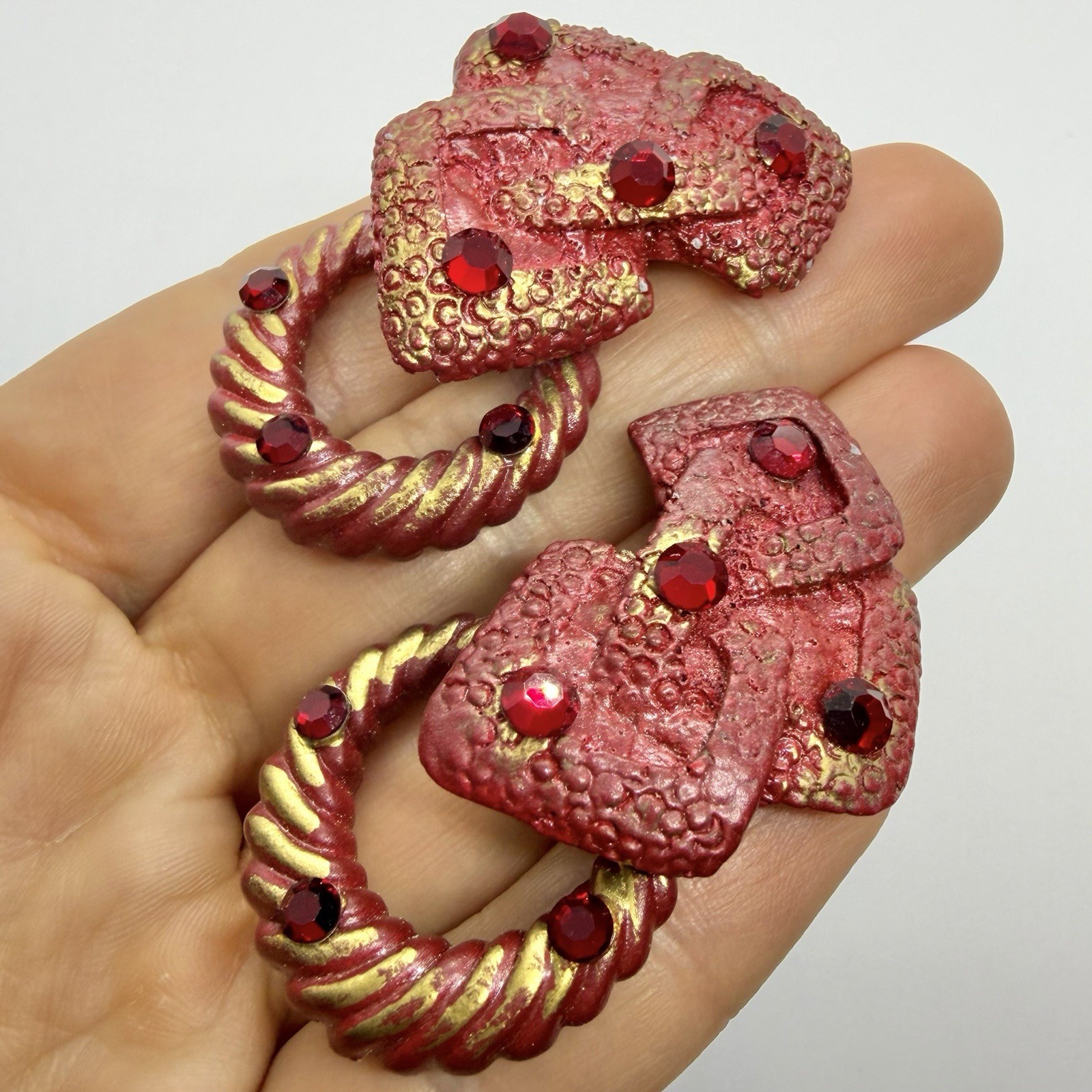 Vtg 80’s Designer Signed Red Gold Lucite Rhinestone Door Knocker Earrings Clip