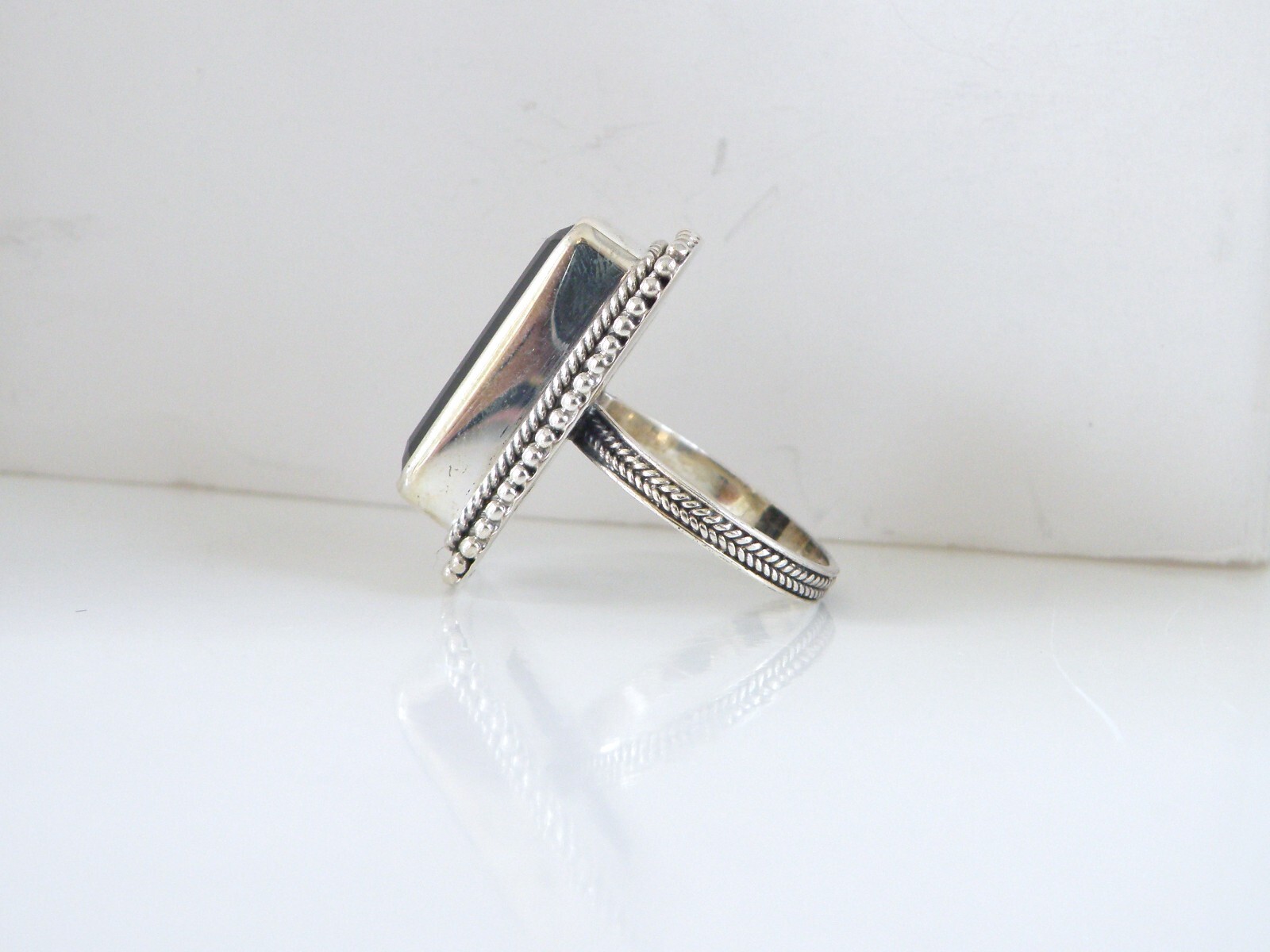 Sterling Silver 925 Natural Black Spinel Tall Elongated Ring Size 7