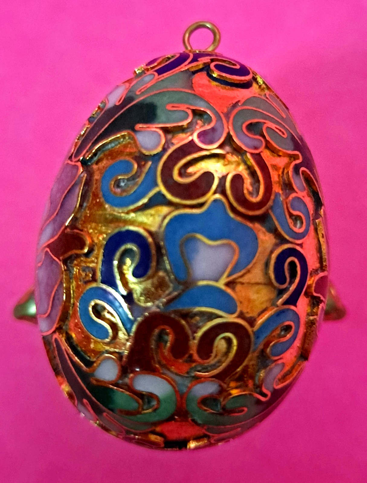 Vintage Chinese Enamel Cloisonne Egg Pendant or Ornament Colorful Egg & Stand