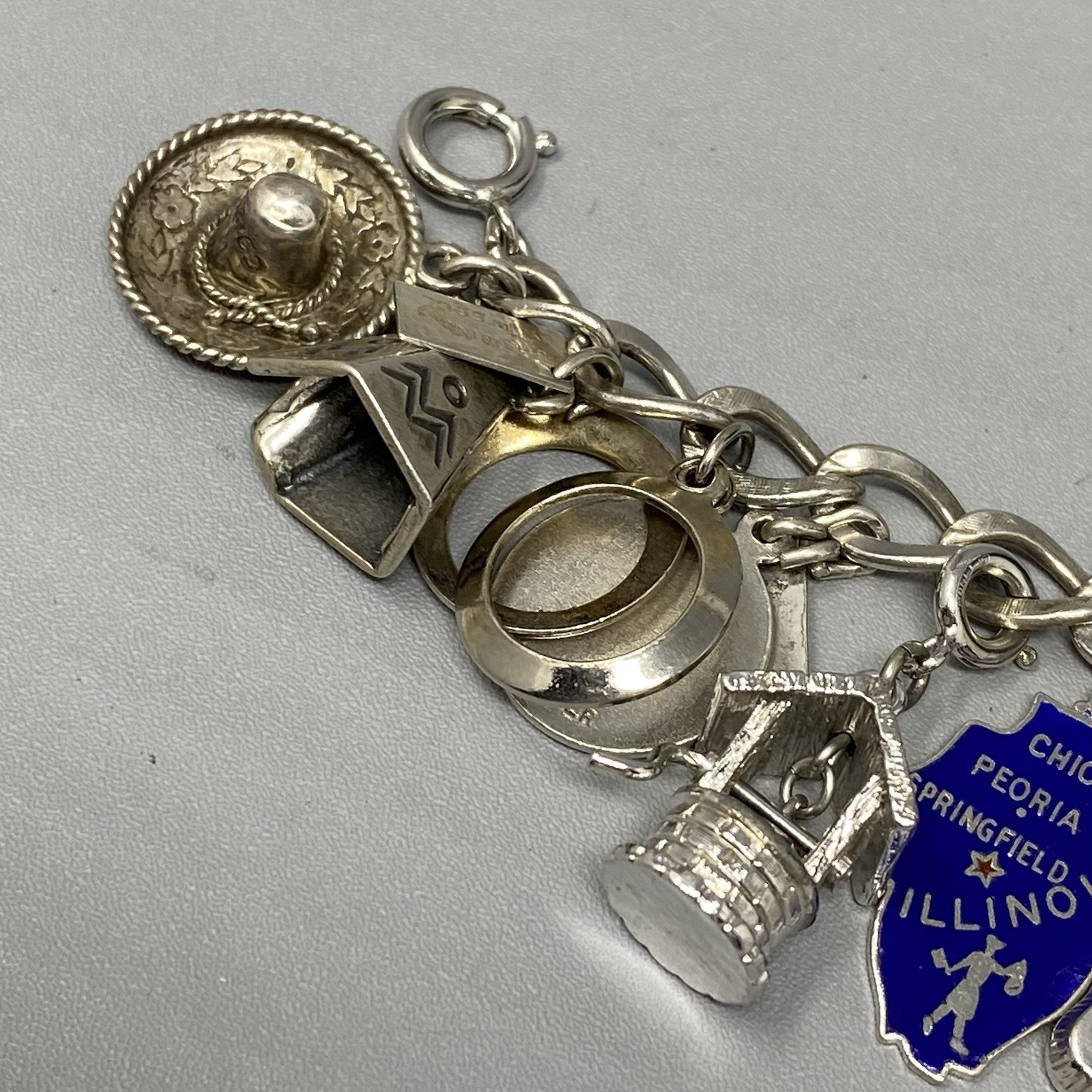 VTG 20 Charm Bracelet Sterling Silver Birthday Natie Cowbell School Hearts 6.5″