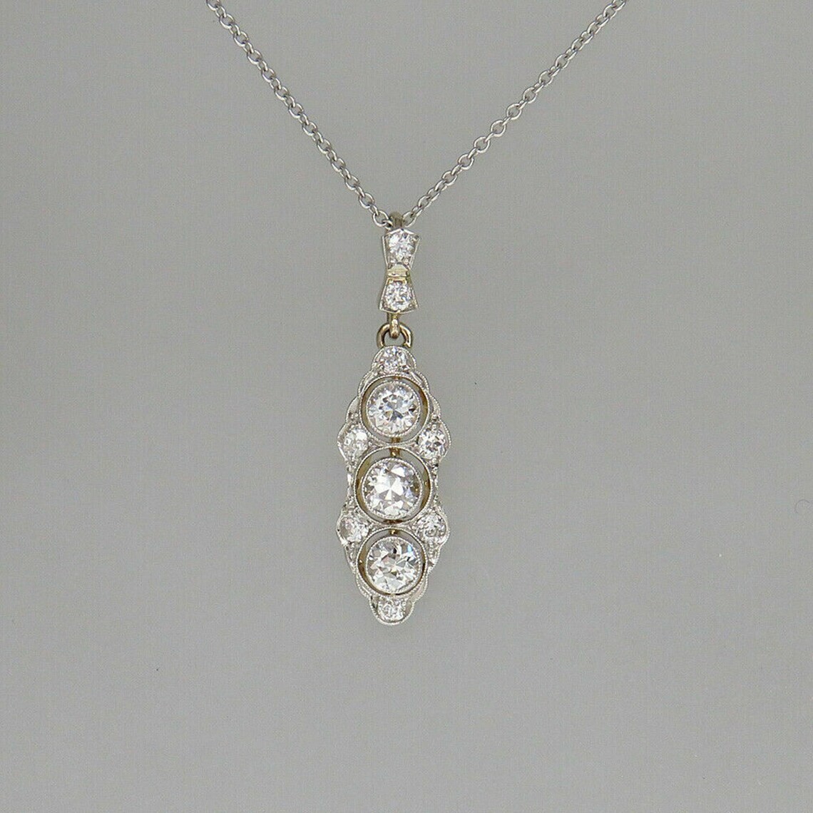 3 Stone Art Deco Round Lab Created Diamond Engagement White Gold Filled Pendant