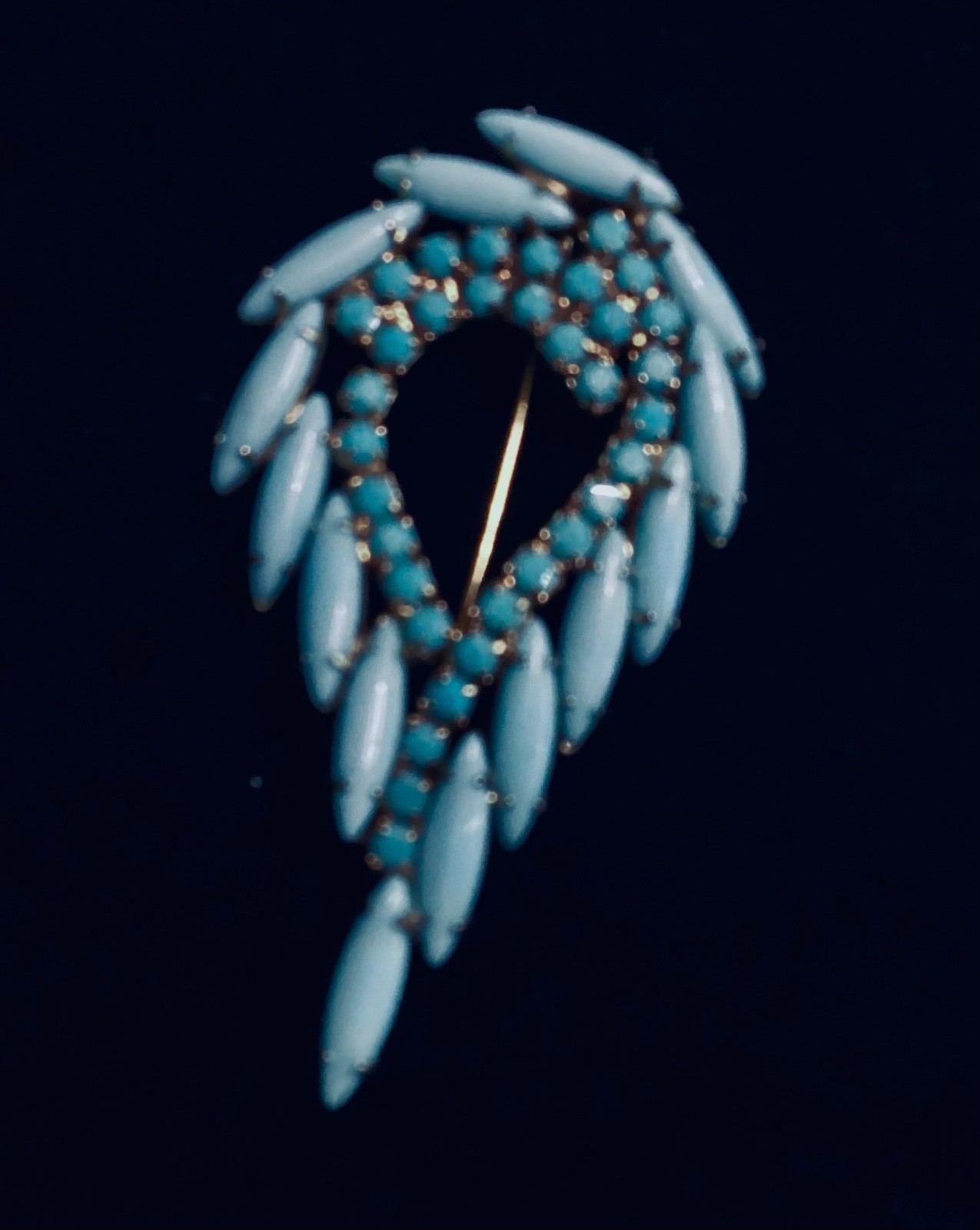 Vintage-Turquoise-Aqua Blue Satin-Rhinestone-Brooch-EXCELLENT-2.75”